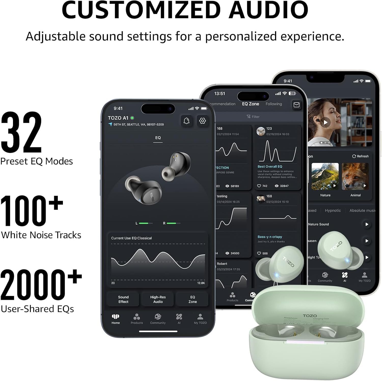 TOZO Ultraleichte Bluetooth Kopfhörer kabellos mit 32 Std. Akkulaufzeit In-Ear-Kopfhörer (TOZO App bietet 32 EQ-Modi zur individuellen Anpassung des Sounds nach persönlichen Vorlieben., Stereo Sound Earbuds mit Touchsteuerung & IPX5 Wasserschutz)