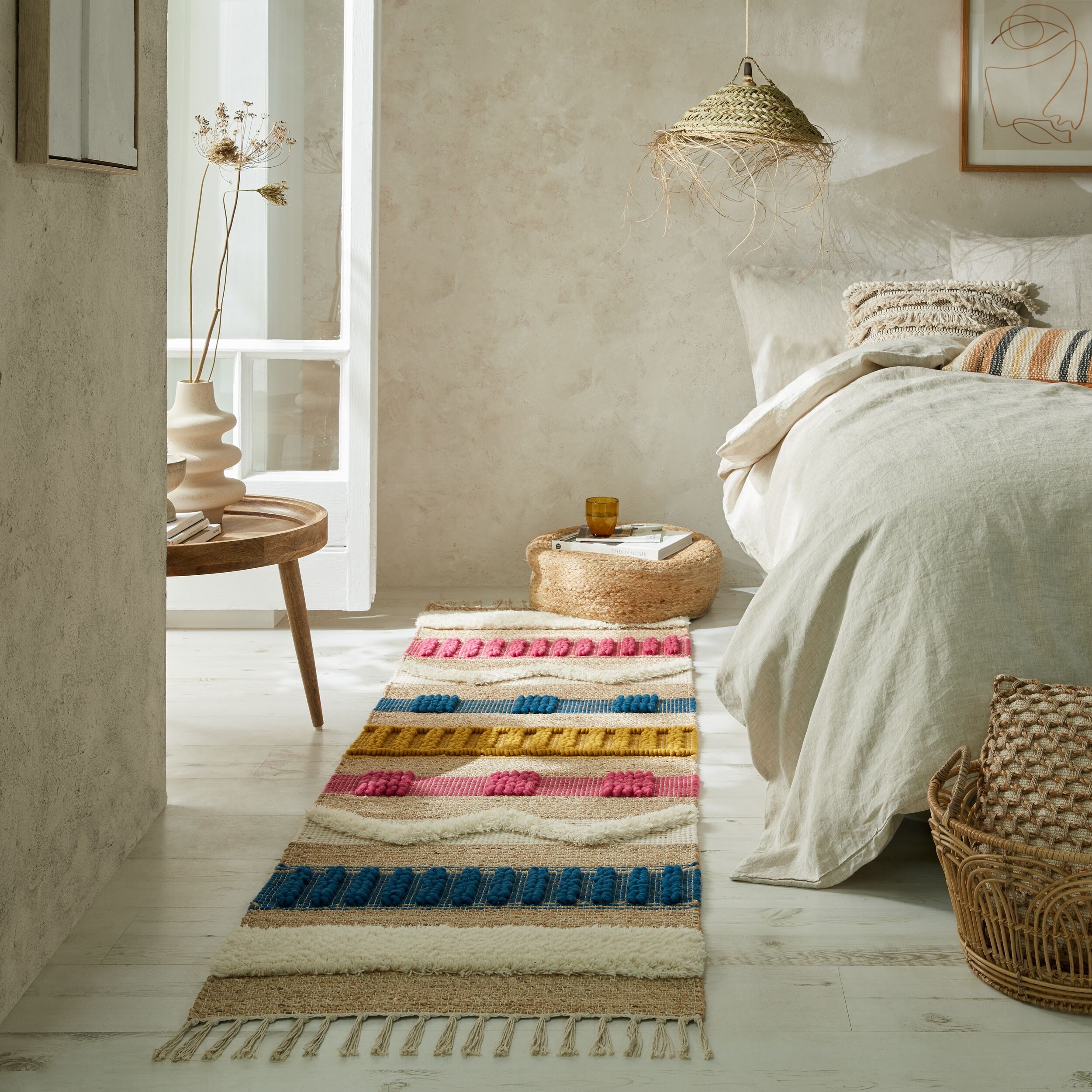 KADIMA DESIGN Wollteppich Gestreift, Ethno, mit Fransen, Hoch-Tief Struktur Läufer 60x230, Läufer, Höhe: 30 mm, Natur-Multicolor, 52% Jute, 35% Wolle, Kurzflor, Flordichte 2 000 g/m²