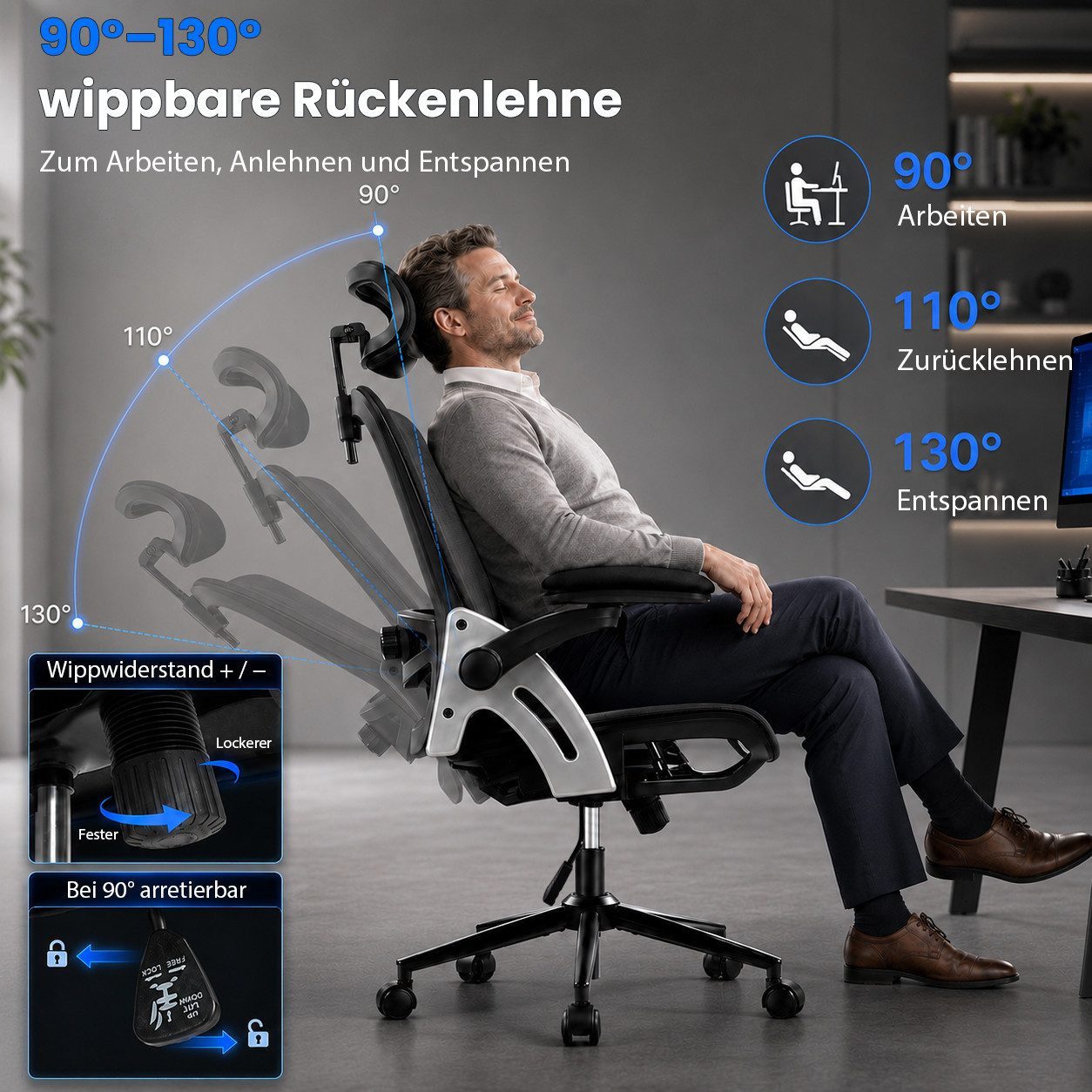 Hoolamyie Bürostuhl Ergonomischer Drehstuhl mit Kopfstütze, 4D Lordosenstütze & Armlehnen (Homeoffice Stuhl mit höhenverstellbarem Sitz und leisen Rollen), 3D A – Bild 5 von 5