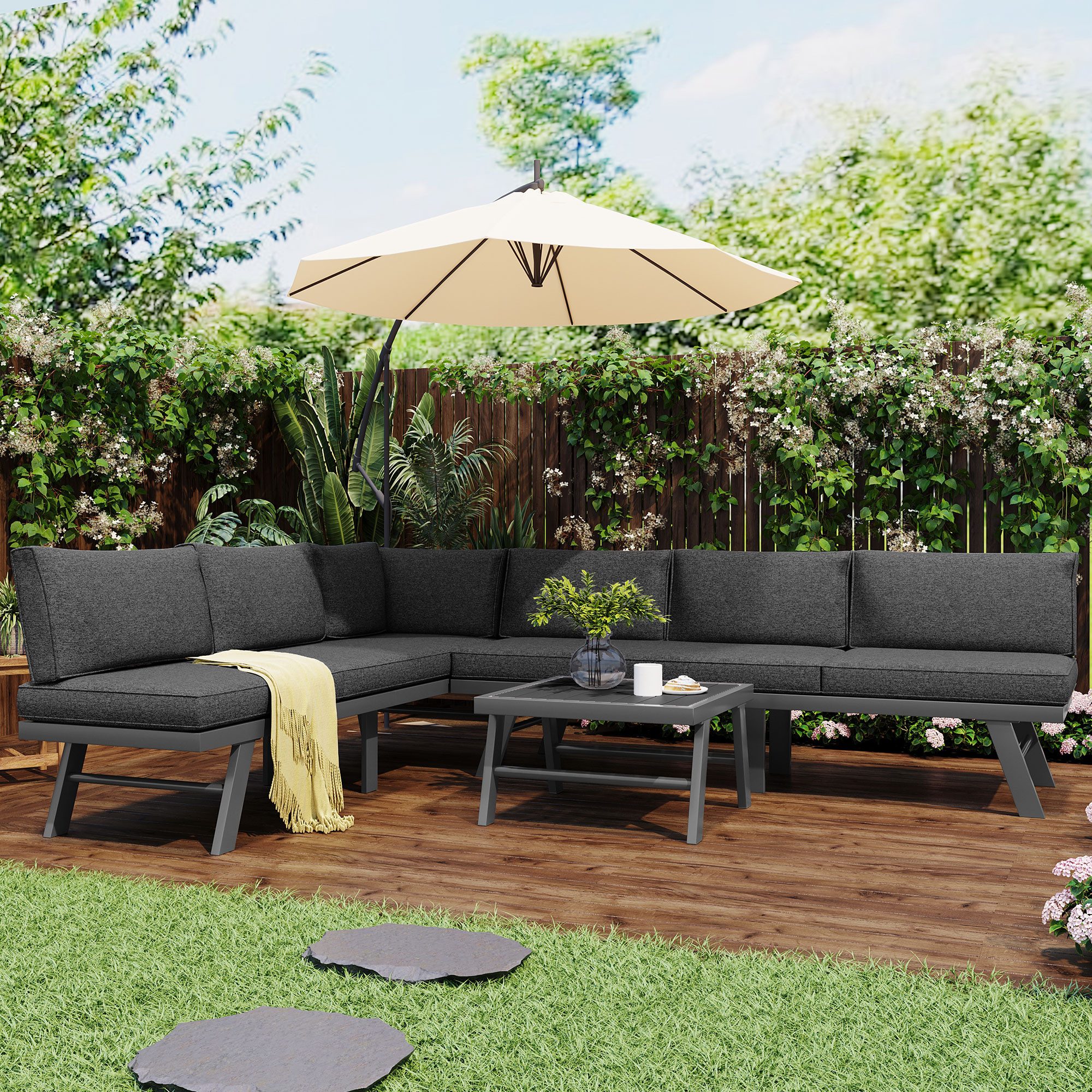 Flieks Gartenlounge-Set, (3-tlg), 6-Sitzer Gartenmöbel Sofagarnitur aus Aluminium, 2 Sofas und 1 Tisch