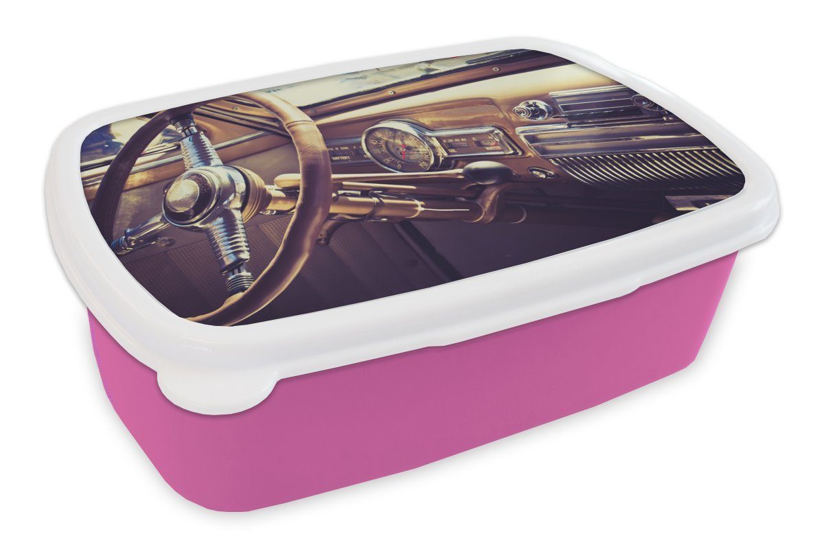 Brotdose MuchoWow Kinder, Mädchen, rosa Kunststoff, Lenkrad, (2-tlg), Mancave Auto Erwachsene, - - für Kunststoff Lunchbox Vintage Brotbox Snackbox, -