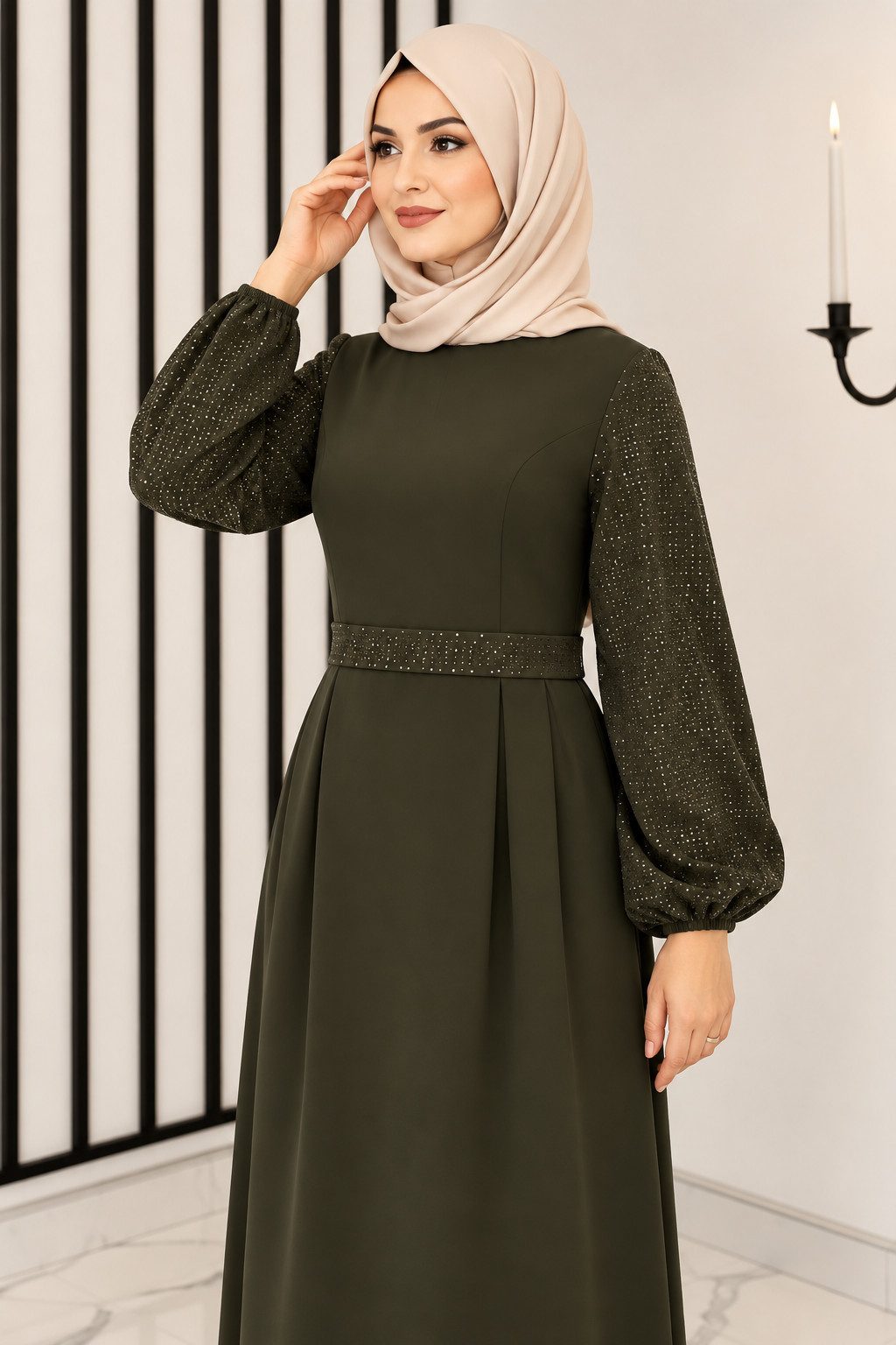 fashionshowcase Maxikleid Damen festlich A-Linie Krepp mit Pailletten Ärmeln gefüttert lang festlicher Look, Taillendetail, gefüttert, fällt 1 Größe kleiner aus – Bild 2 von 5