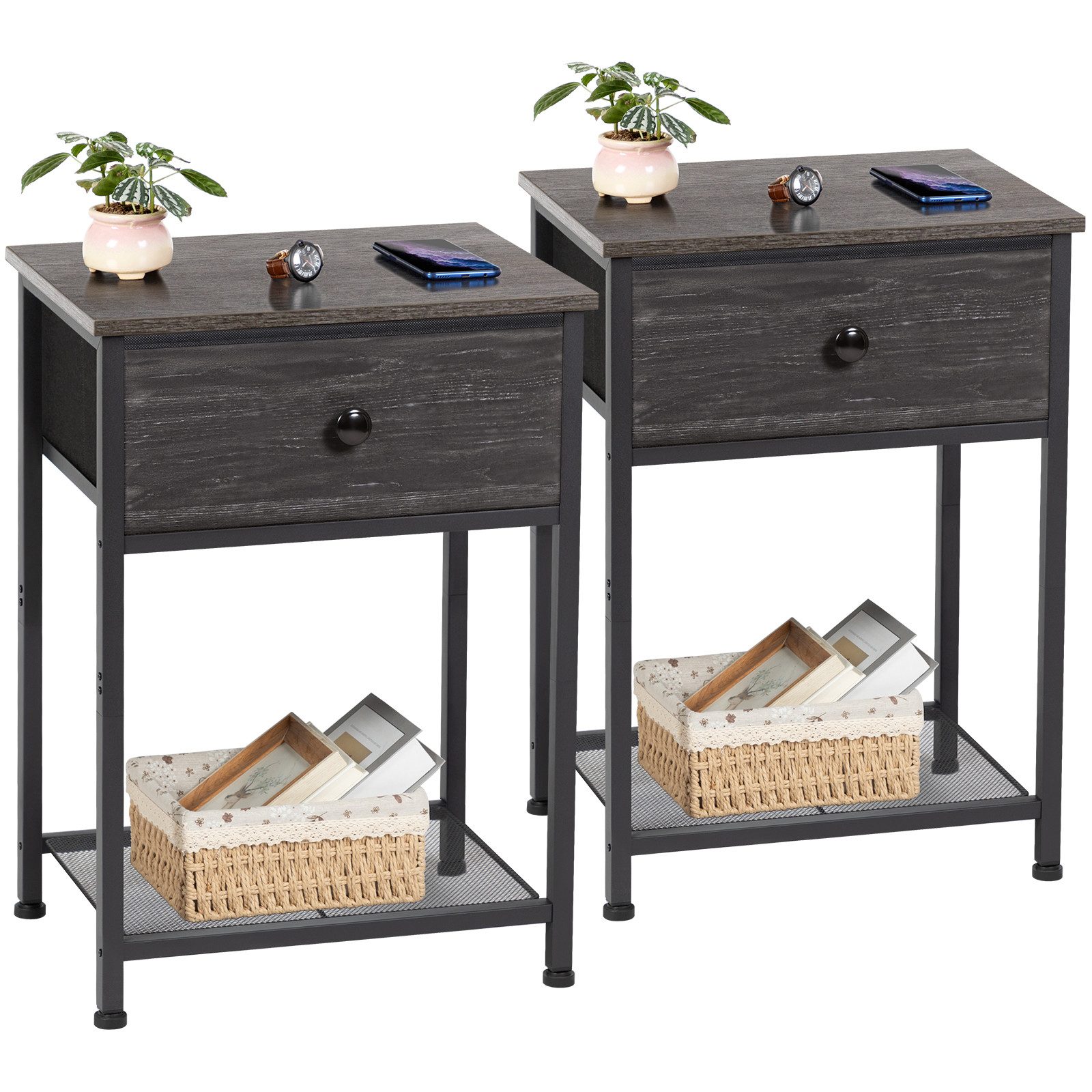 AMHANCIBLE Nachttisch 2er-Set im Industriestil, mit Schublade und offenem Ablagefach (2-St), Beistelltisch mit stabilem Metallrahmen, Maße 40×30×55 cm