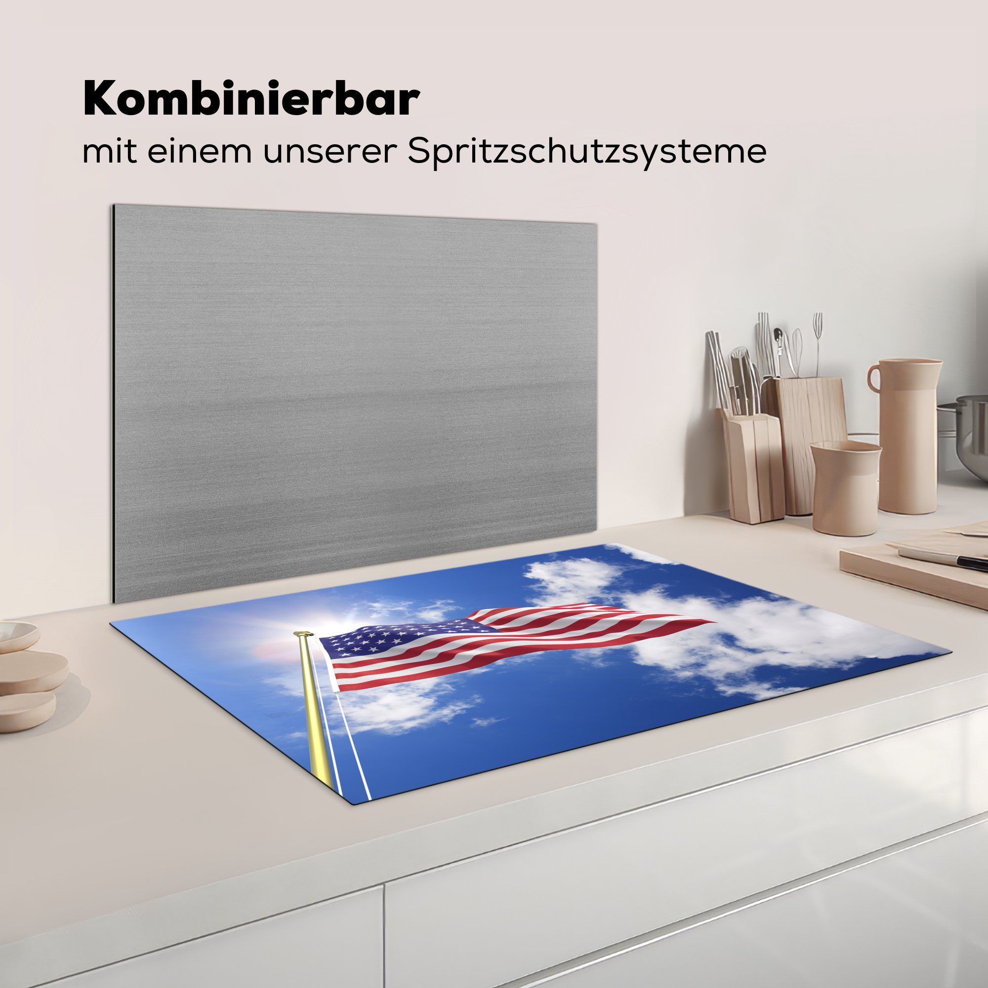 Staaten vor MuchoWow die Sonne, Herdblende-/Abdeckplatte Flagge der (1 tlg), Vinyl, cm, der küche, Schutz Ceranfeldabdeckung für Vereinigten 81x52 Induktionskochfeld