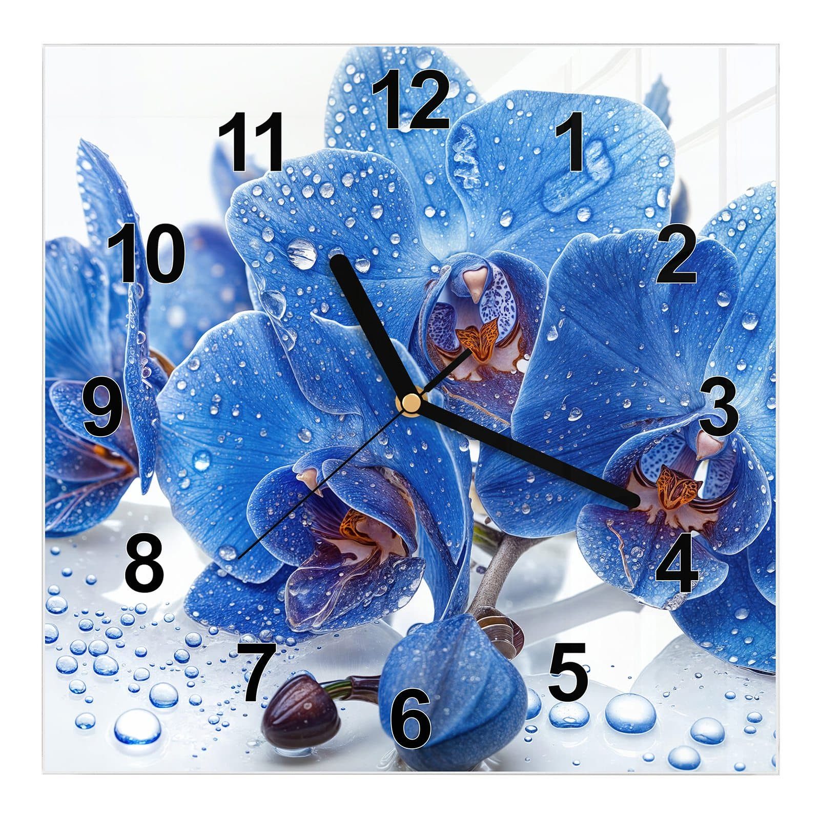 Wanduhr Glasuhr Wanduhr Wandkunst Größe 30 x 30 cm mit Motiv Blaue Orchideen