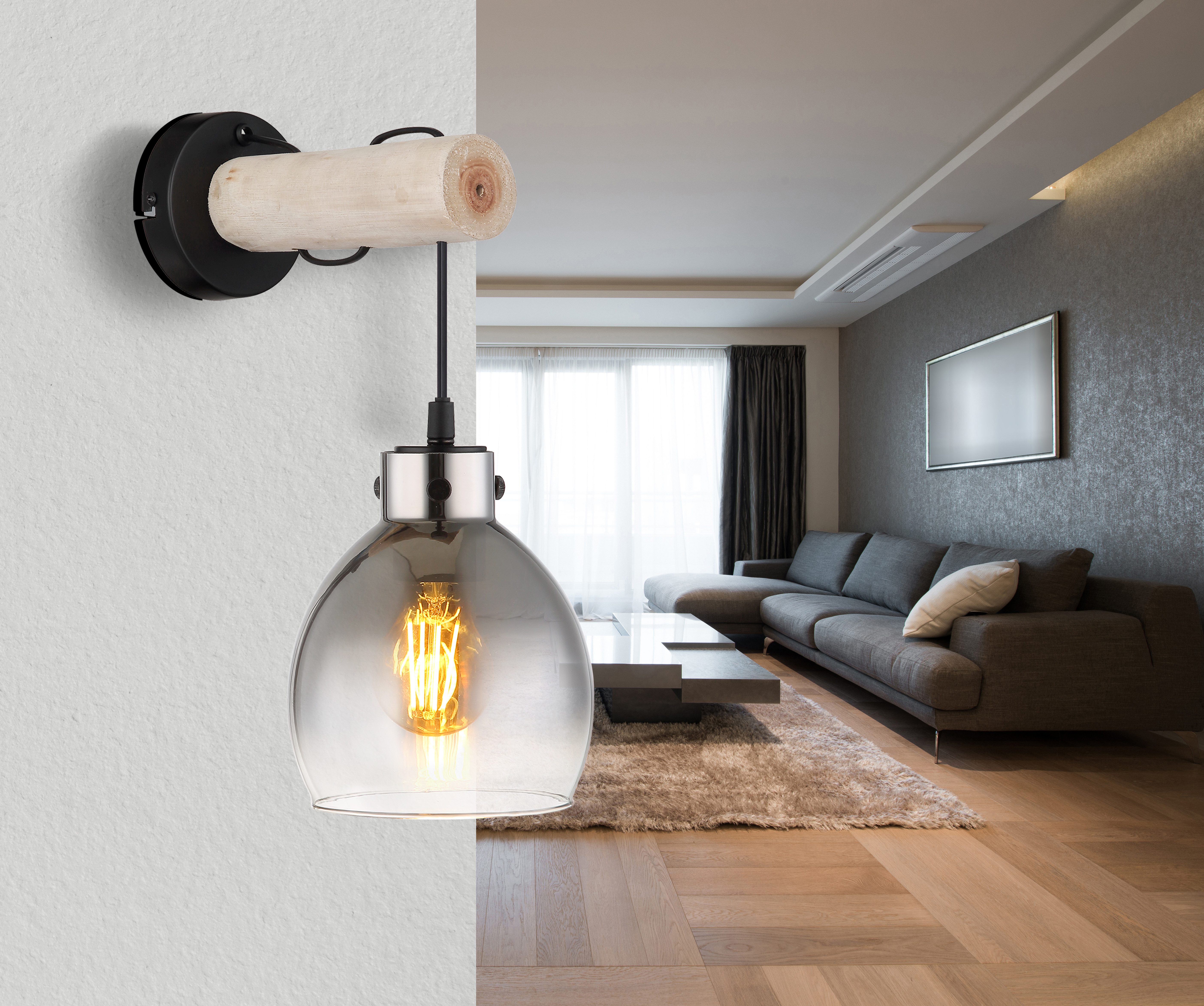 GLOBO LIGHTING Wandleuchte RYAN, ohne Leuchtmittel, Wandlampe/Spot/Wohnzimmer/Flur/Glas rauchfarben/Metall/Holz