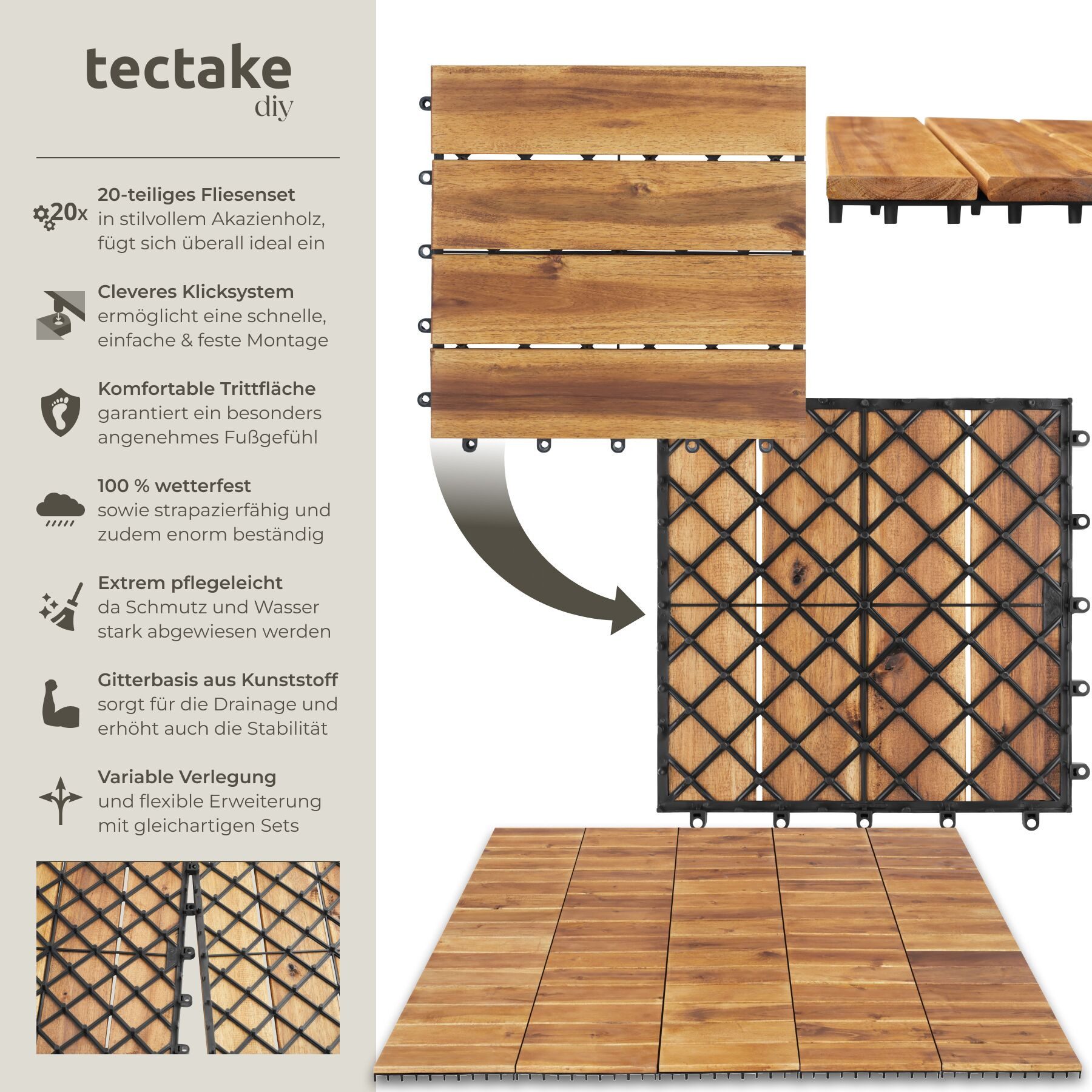 tectake Terrassendielen Terrassenfliesen 20er Set mit Klicksystem, 31 x 31 x 2,2 cm, 1,922 m², BxL: je 31,00x31,00 cm, (Terrassenplatten Außenbereich Tabula, 20 – Bild 2 von 5