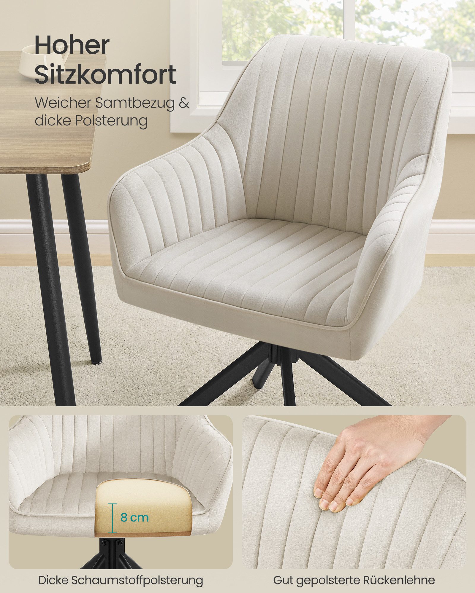 SONGMICS Esszimmerstuhl Esszimmerstuhl 360° drehbar, Küchenstuhl, Sessel drehbar, Samt (6 St), bis 120 kg belastbar, für Esszimmer, Küche, mit Armlehnen, Stahlb – Bild 5 von 5