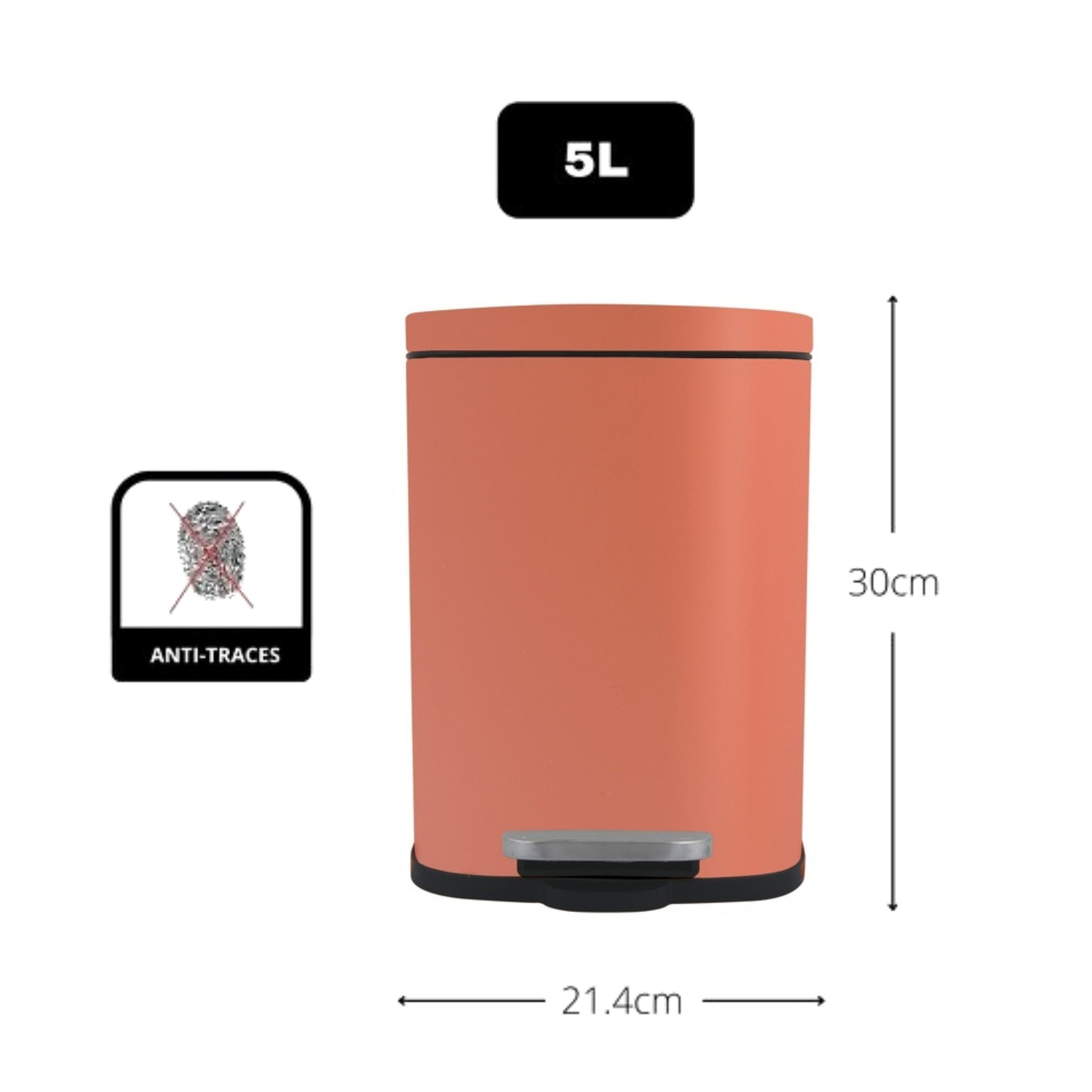 spirella Kosmetikeimer AKIRA, Treteimer mit Softclose-Absenkautomatik, herausnehmbarem Inneneimer, Anti-Fingerprint-Beschichtung, 5L, terracotta rot
