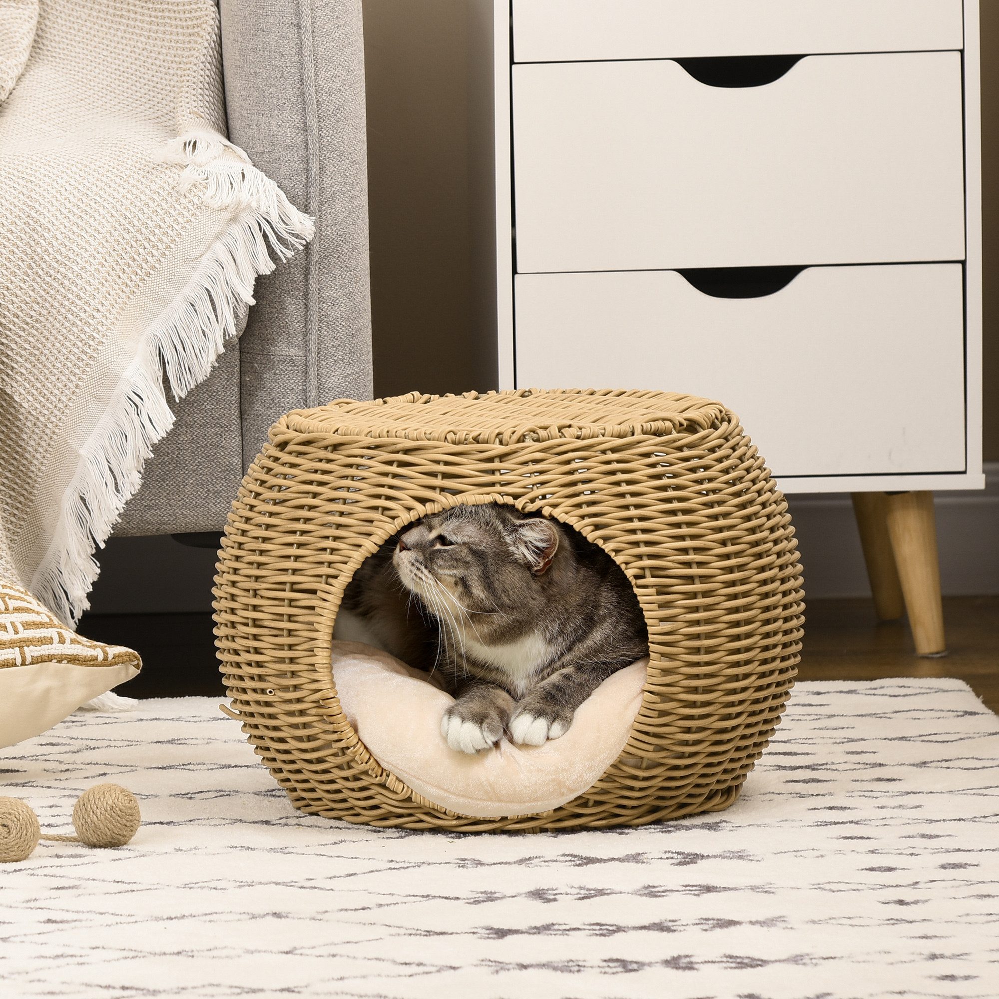 PawHut Tierhaus Katzenkorb zweistöckig mit Kissen, gemütliche Katzenhöhle, 2 Ebenen, inkl. Kissen, sofort einsatzbereit