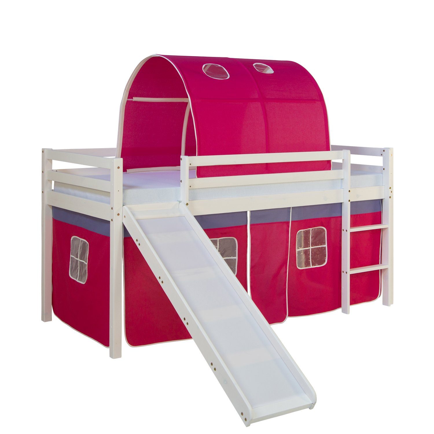 Homestyle4u Hochbett 90x200 Weiß mit Rutsche Vorhang Pink 1569 günstig online kaufen