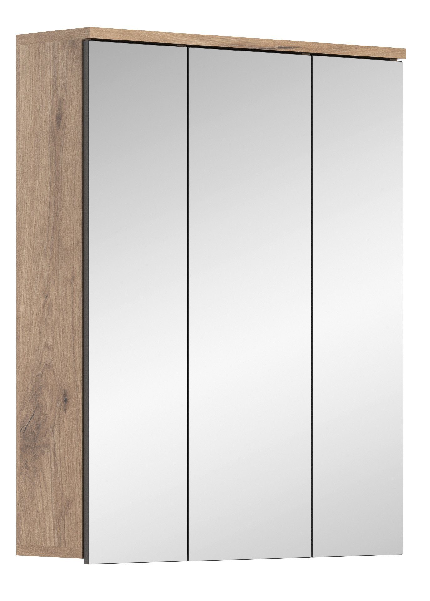 18 Spiegelschrank Korpus 60 cm, Höhe Ablageböden. möbelando und Oak", Spiegelschrank, in Spanplatte Spiegeltüren mit Moderner "Nox 9 3 cm, aus 77 cm Tiefe Breite Missoula