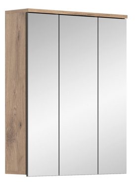 möbelando Spiegelschrank Missoula Moderner Spiegelschrank, Korpus aus Spanplatte in "Nox Oak", mit 3 Spiegeltüren und 9 Ablageböden. Breite 60 cm, Höhe 77 cm, Tiefe 18 cm