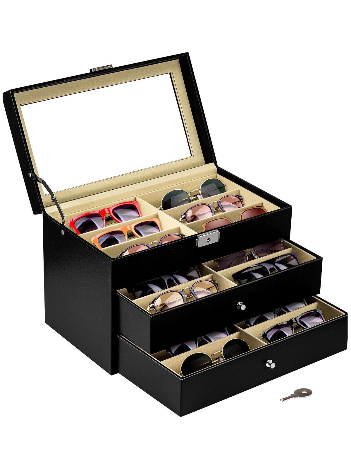 Youyijia Brillenetui ColdShine Brillenbox für 8 Brillen mit Sichtfenster aus Kunstleder.
