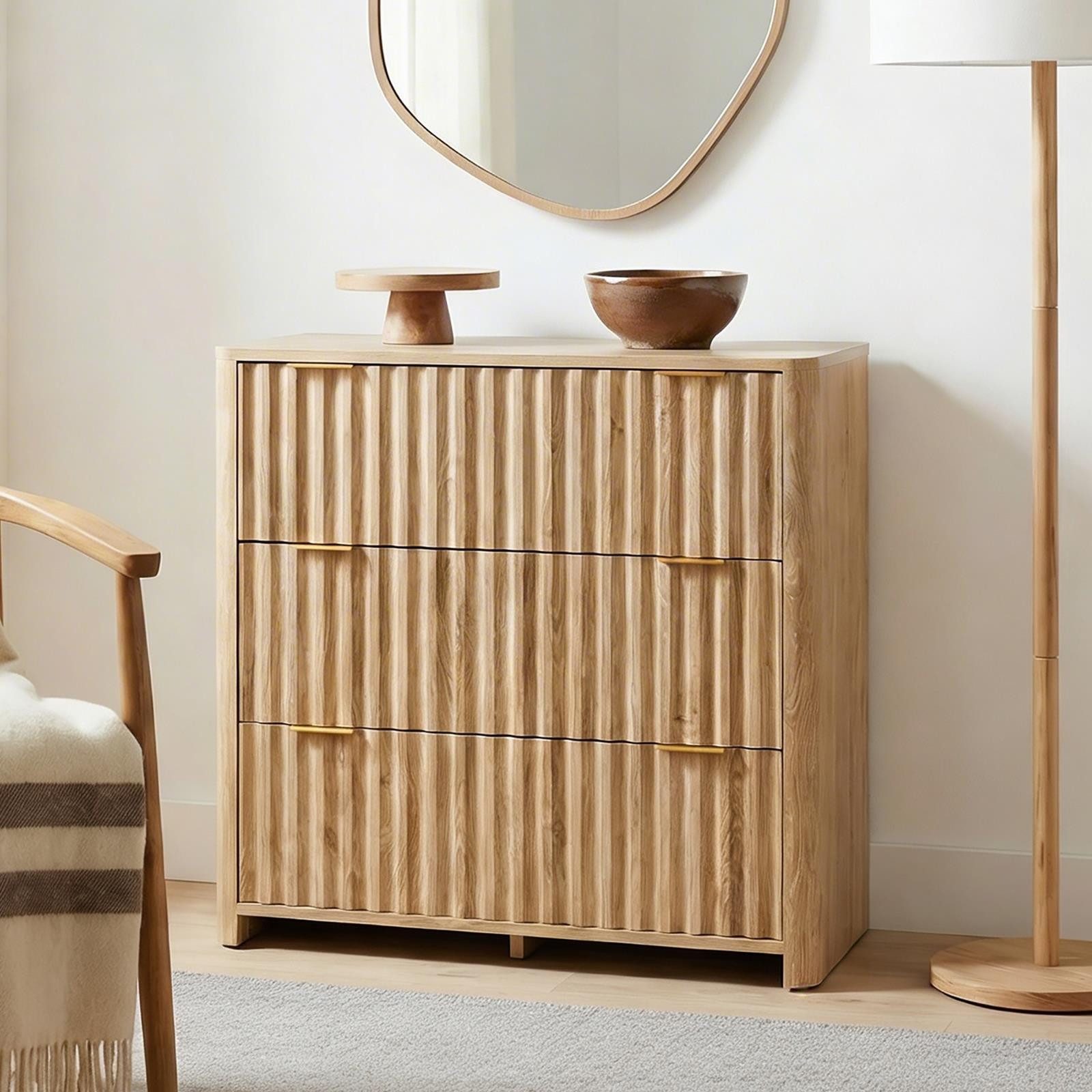 IDIMEX Kommode ELLA, Anrichte mit 3 Schubladen und Lamellenoptik aus MDF Eiche Finish