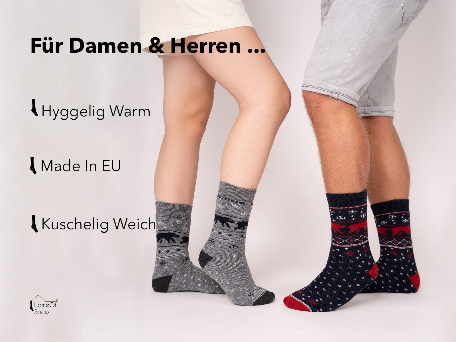 Hygge Eisbär & HomeOfSocks für Socken mit Grau Herren Damen Motiv Frottee Dick mit Wolle Kuschelsocken und
