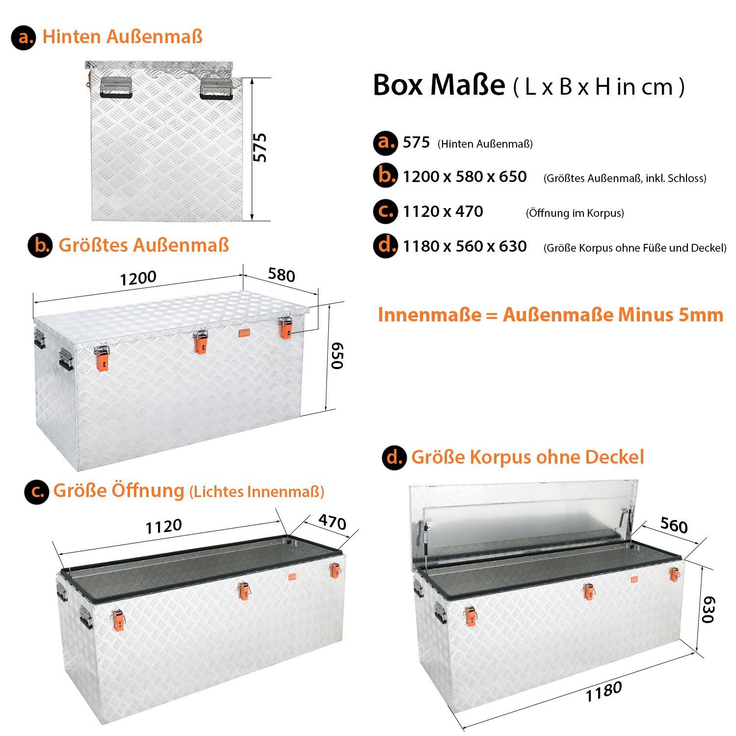 ALUBOX Kiste Pritschenbox Pickup Alu Riffelblech (410 Liter), 120 x 58 x 65 cm - 3 mm RIffelblech - Dichtgummi