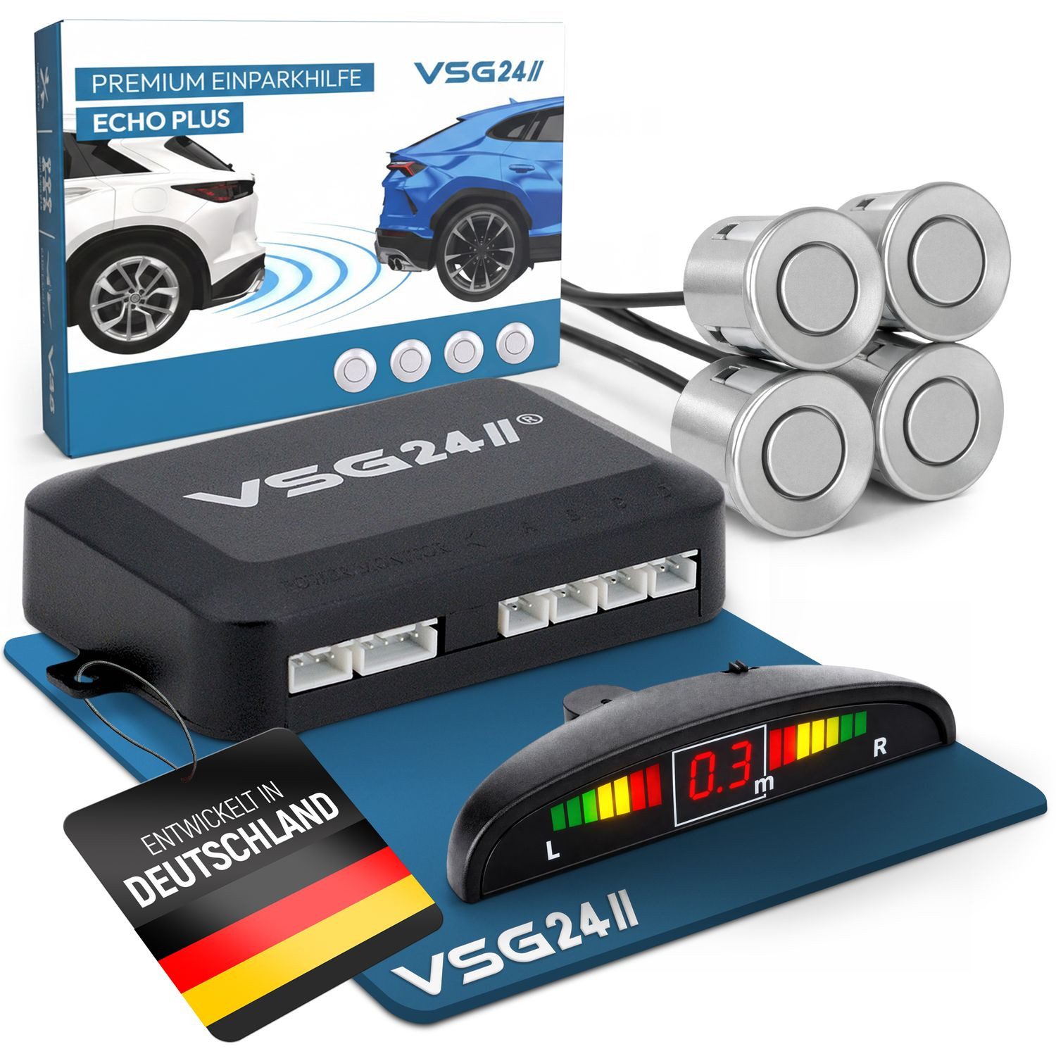 VSG24 Premium Display Einparkhilfe ECHO PLUS Parkhilfe zum nachrüsten PDC Rückfahrkamera (Rückfahrwarner mit Display & 4 Sensoren Stecksystem Nachrüstsatz)