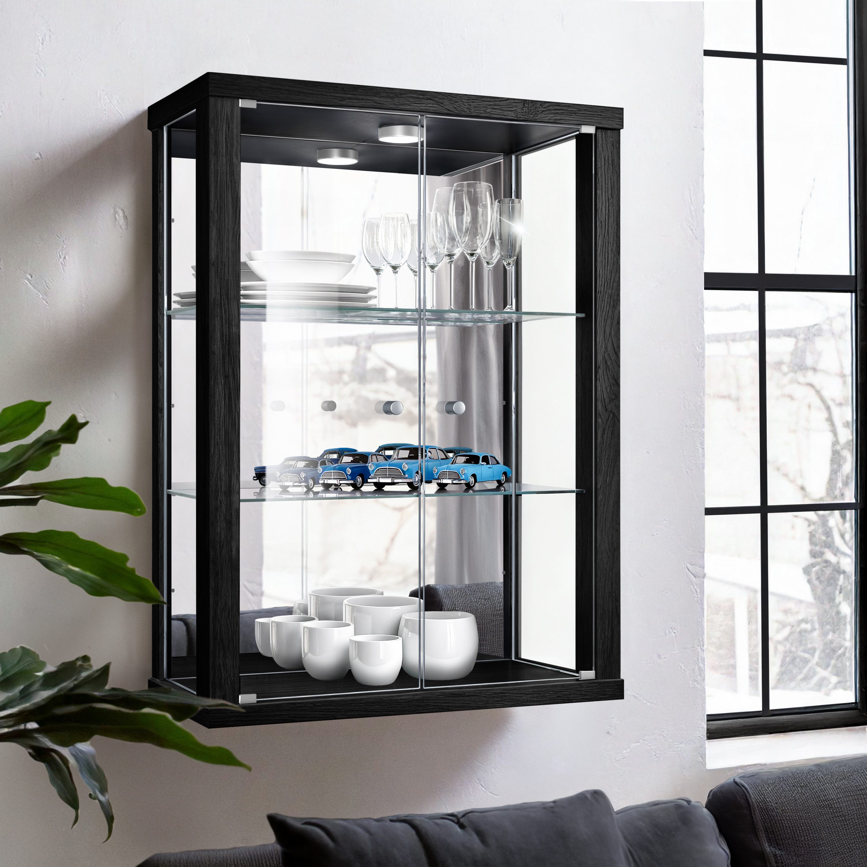 K-Möbel Hängevitrine C1013 (Glasvitrine (80x60x25 cm) mit 2 Glastüren)