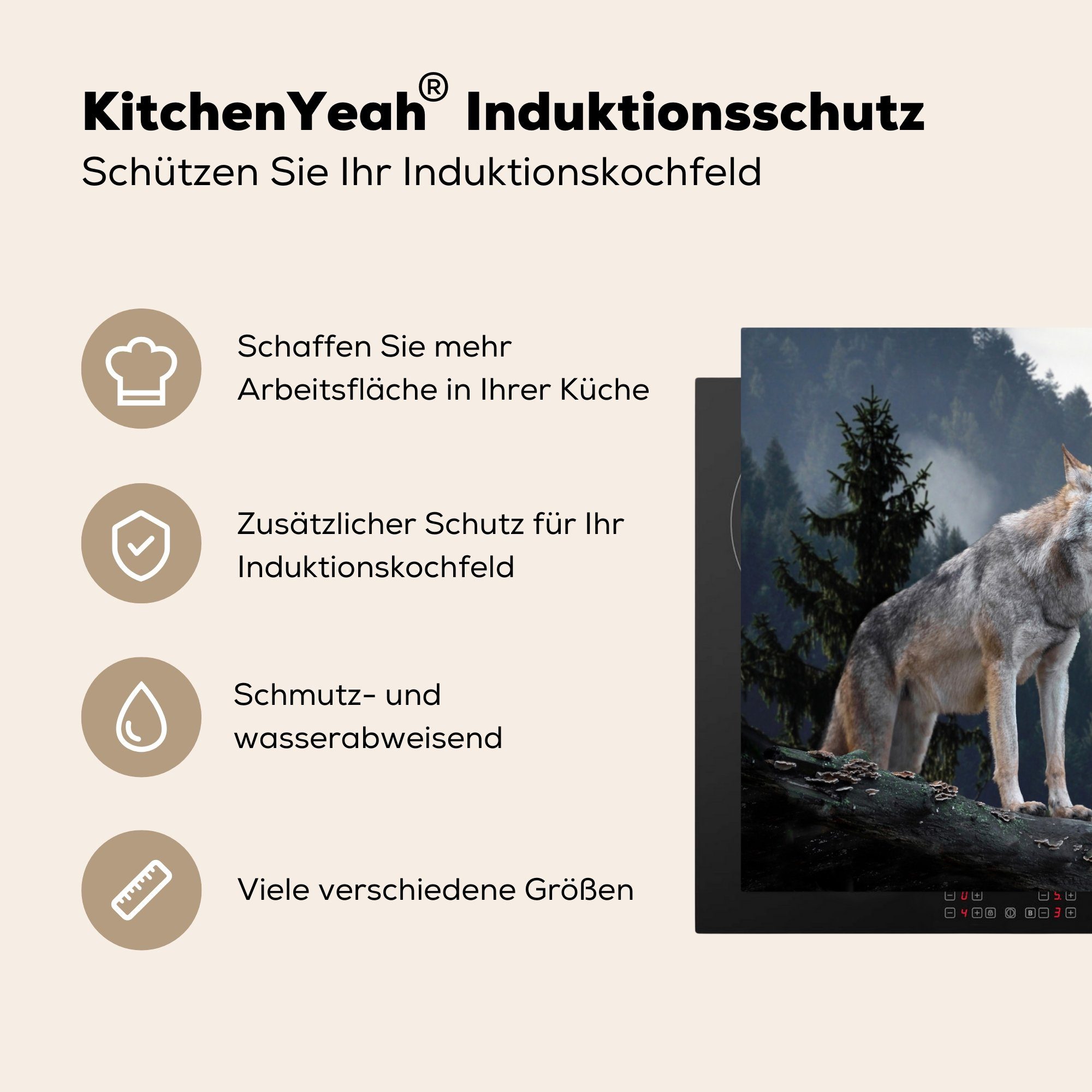 - Dekoration cm, Herdblende-/Abdeckplatte Tier 58x51 Vinyl, Wolf Küchen Induktionsherd, MuchoWow - für Wald, Induktionskochfeld (1 tlg),