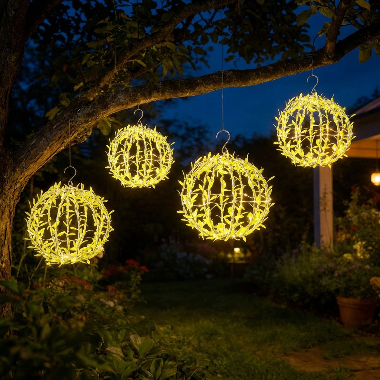 shop'n smile ideoon Hängeleuchten Solar-Leuchtkugel im Blätterdesign Ø20cm mit 72 LEDs IP44, LED fest integriert, Außenleuchte/2 Leuchtmodi/PVC-Blättern