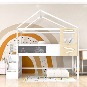 SOFTWEARY Hochbett (Kinderbett mit Lattenrost und Schubladen, 90x200 cm) Hausbett aus Kieferholz, Einzelbett mit Rausfallschutz, inkl. Treppe