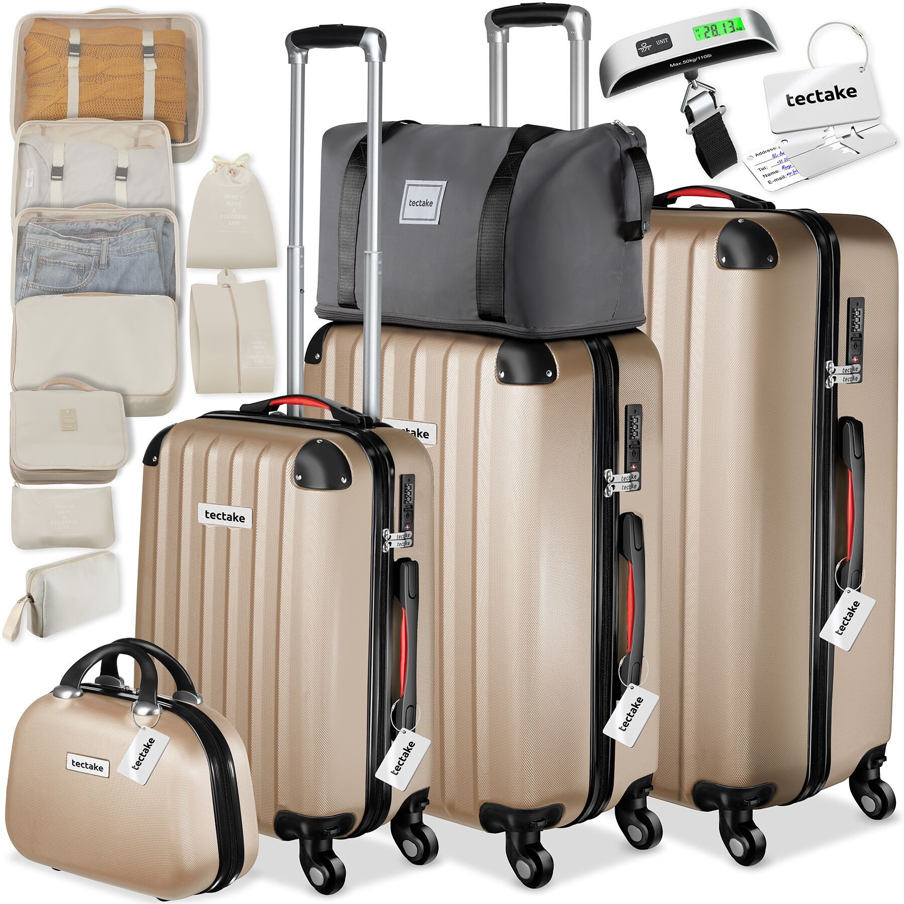 tectake Trolley Hartschalenkoffer-Set 19-teilig aus ABS-Kunststoff, Kofferwaage, 4 Rollen, TSA-Schloss, 360° drehbare, abnehmbare Rollen, mit Packwürfelset