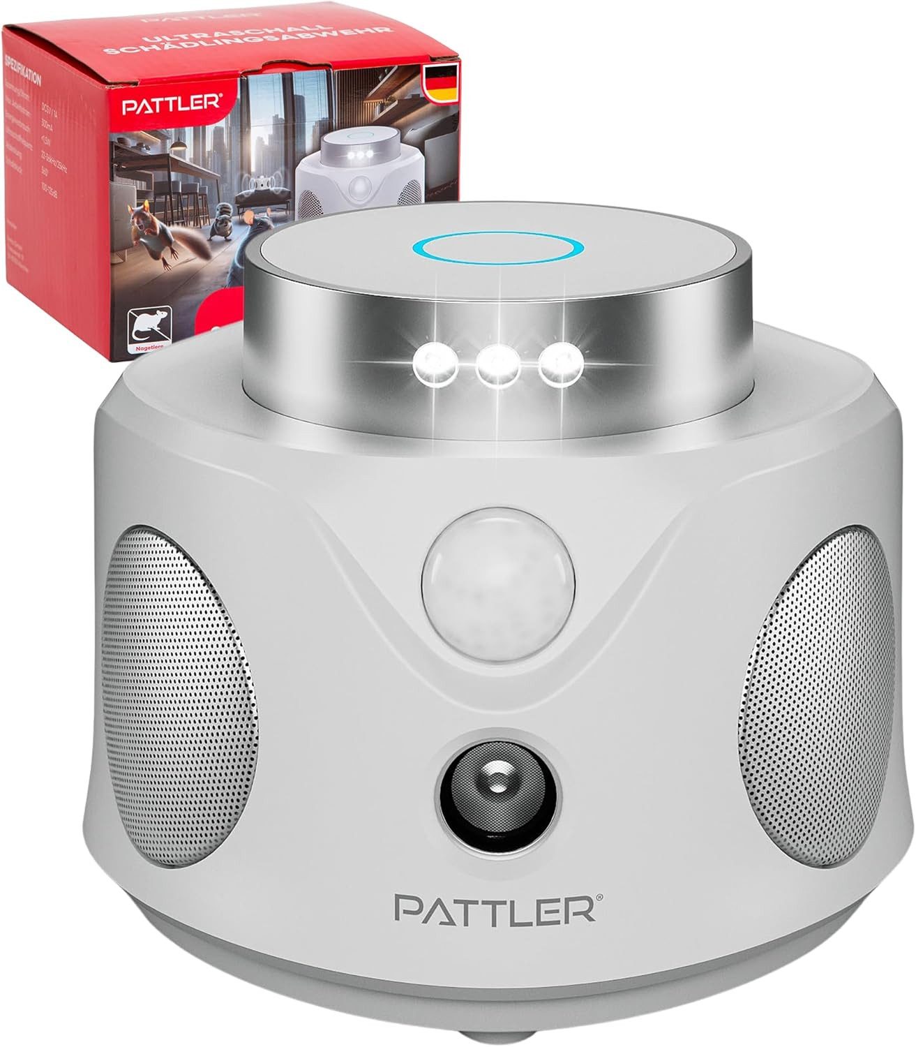 Pattler Ultraschall-Tierabwehr 360° Ultraschall Mäuseabwehr - Effektiv Mäuse vertreiben, 1-tlg., mit Ultraschallwellen - optimiert für die Abwehr von Mäusen und Ratten