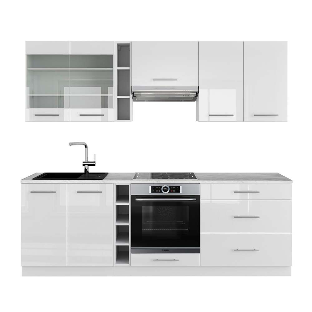 Vicco Küchenzeile Fame-Line, Weiß Hochglanz/Weiß, 235 cm, AP Marmor