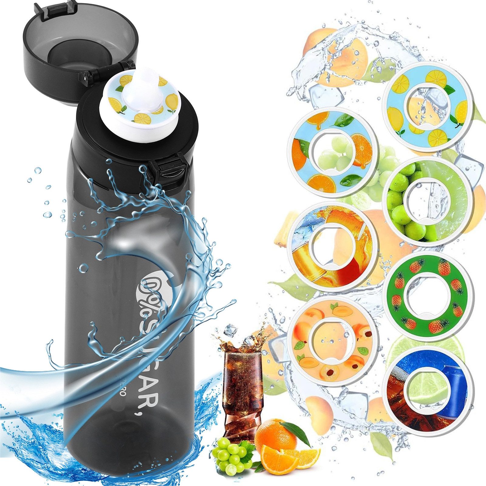 Trinkflasche Luft Wasserflasche Sport mit 7 Pods Geschmackskapseln, 650ml