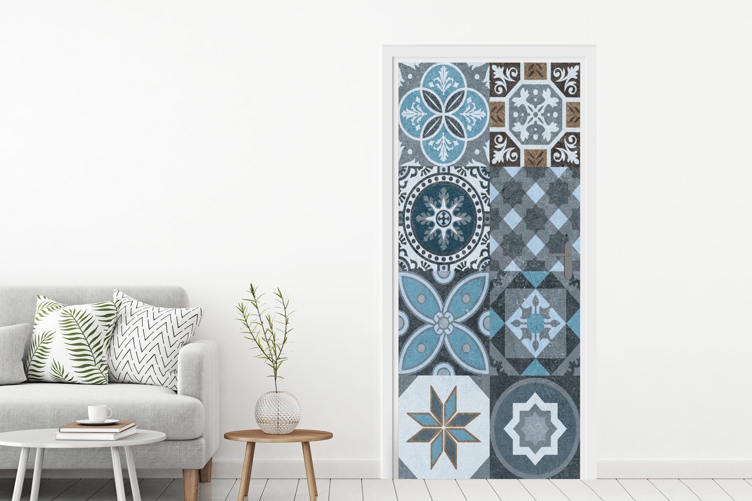 MuchoWow Türtapete Design - Blume Tür, bedruckt, Matt, St), Blau Figuren, Türaufkleber, - - Fototapete (1 für 75x205 cm