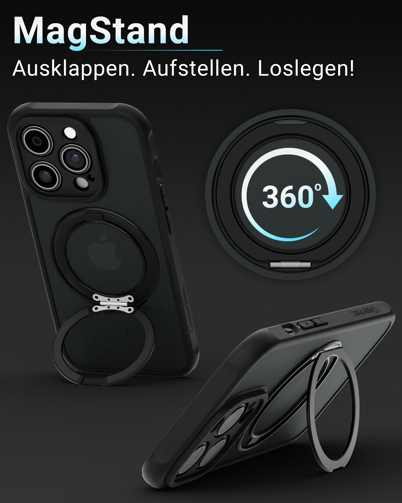 GreenHec Handyhülle Hülle iPhone 17 16 15 14 13 12 Pro Max Air 16e 17e MagSafe Magnet Case 7 Zoll, Ständer Magnetring Schwarzes Cover Schutzhülle Kameraschutz Handyhülle