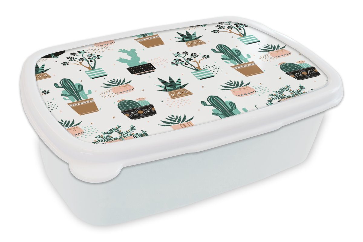 MuchoWow Lunchbox Muster - Kaktus - Pflanzen, Kunststoff, (2-tlg), Brotbox für Kinder und Erwachsene, Brotdose, für Jungs und Mädchen weiß