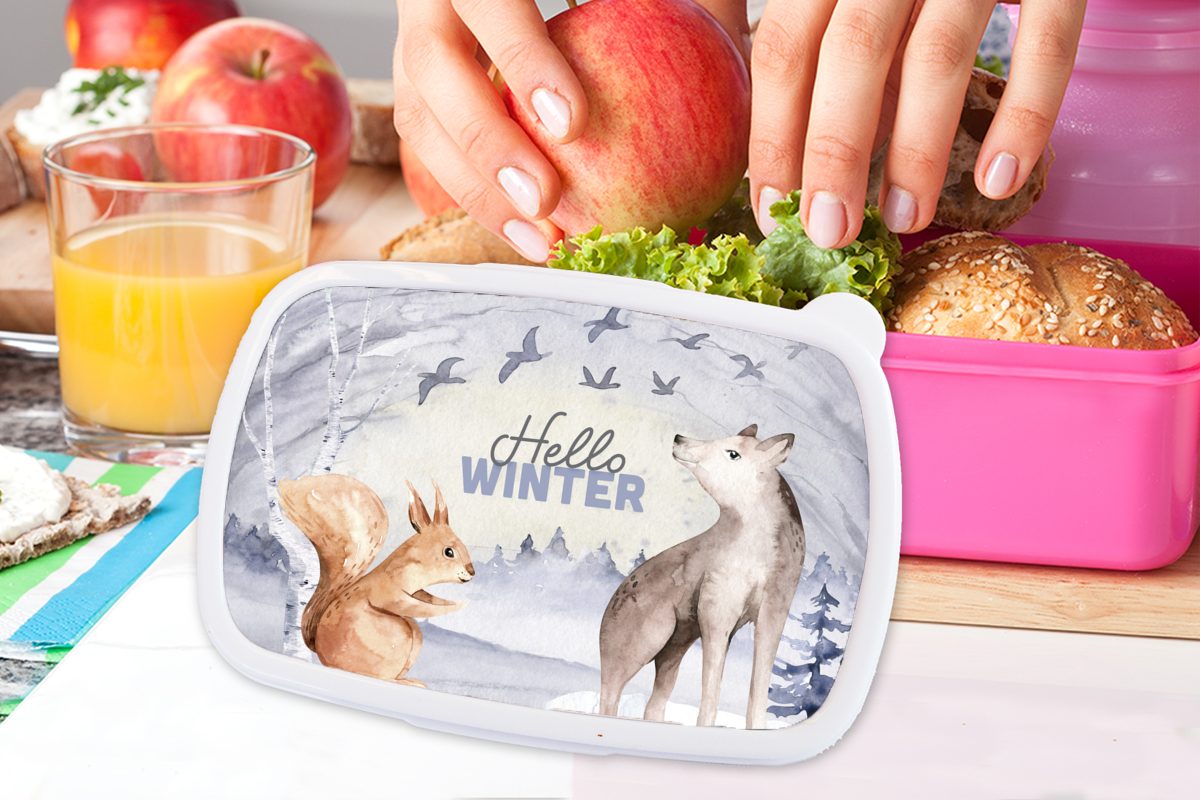 Brotdose rosa für Kunststoff, (2-tlg), - Winter Kinder, Lunchbox Brotbox Kunststoff Mädchen, Snackbox, MuchoWow - Tiere, Erwachsene, Schnee