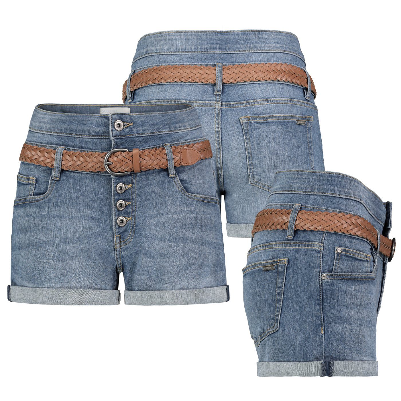 SUBLEVEL Bermudas Jeans Shorts Bermuda Kurze Hose Short Denim Stretch Hotpants + Gürtel