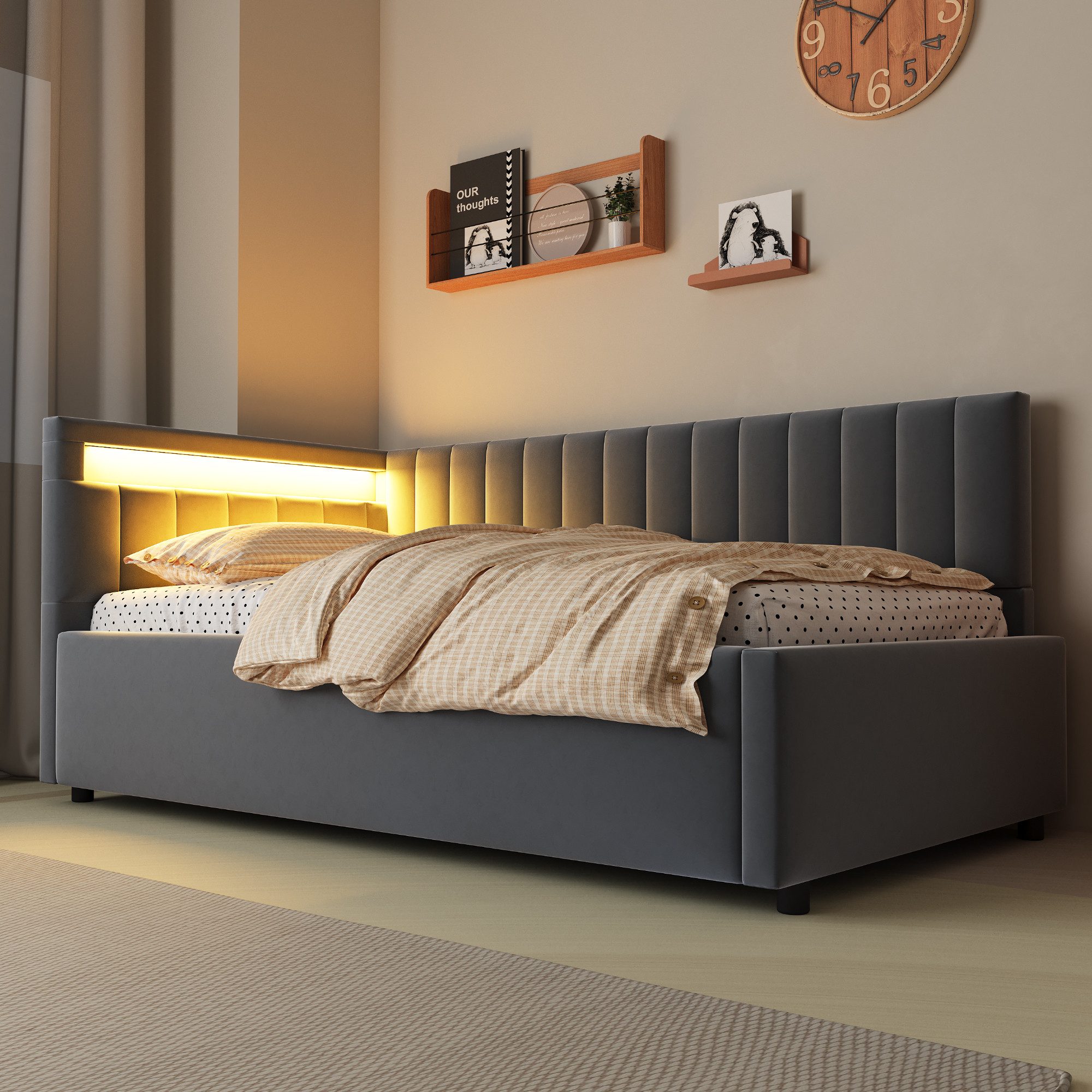 Flieks Daybett, Polsterbett Schlafsofa Einzelbett 90x200cm mit hydraulischem Stauraum