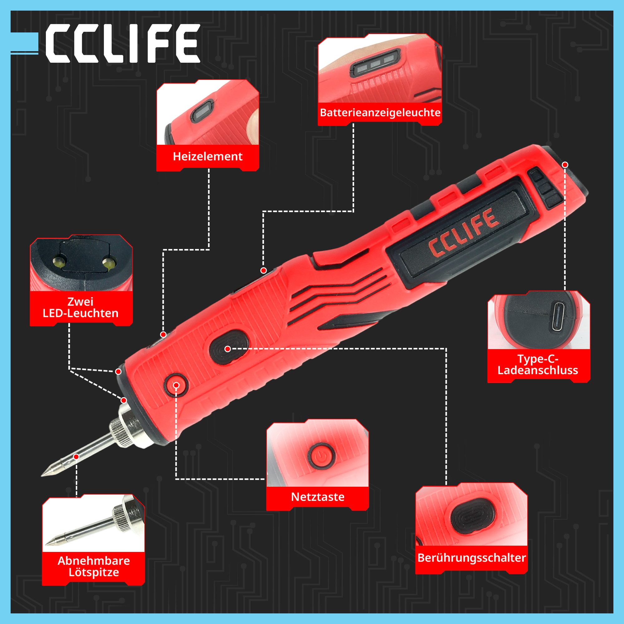 CCLIFE Lötpistole CCLIFE 8W Loetkolben Kabellos 480 Grad mit Basis USB Wiederaufladbar