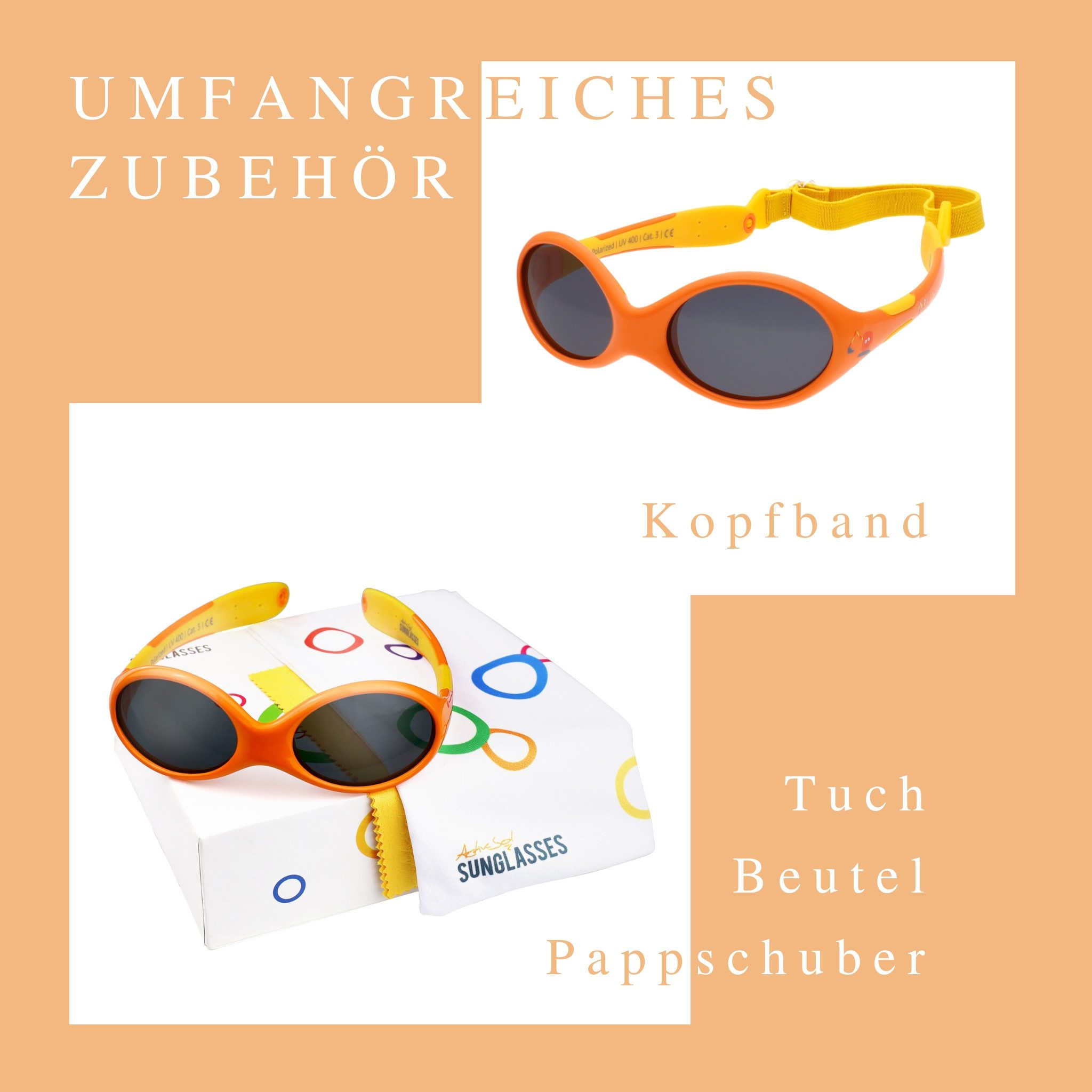 ActiveSol Sonnenbrille Baby 0-24 Monate (in bunten Farben & mit pfiffigen Motiven) Polarisiert, BPA-frei, mit Kopfband
