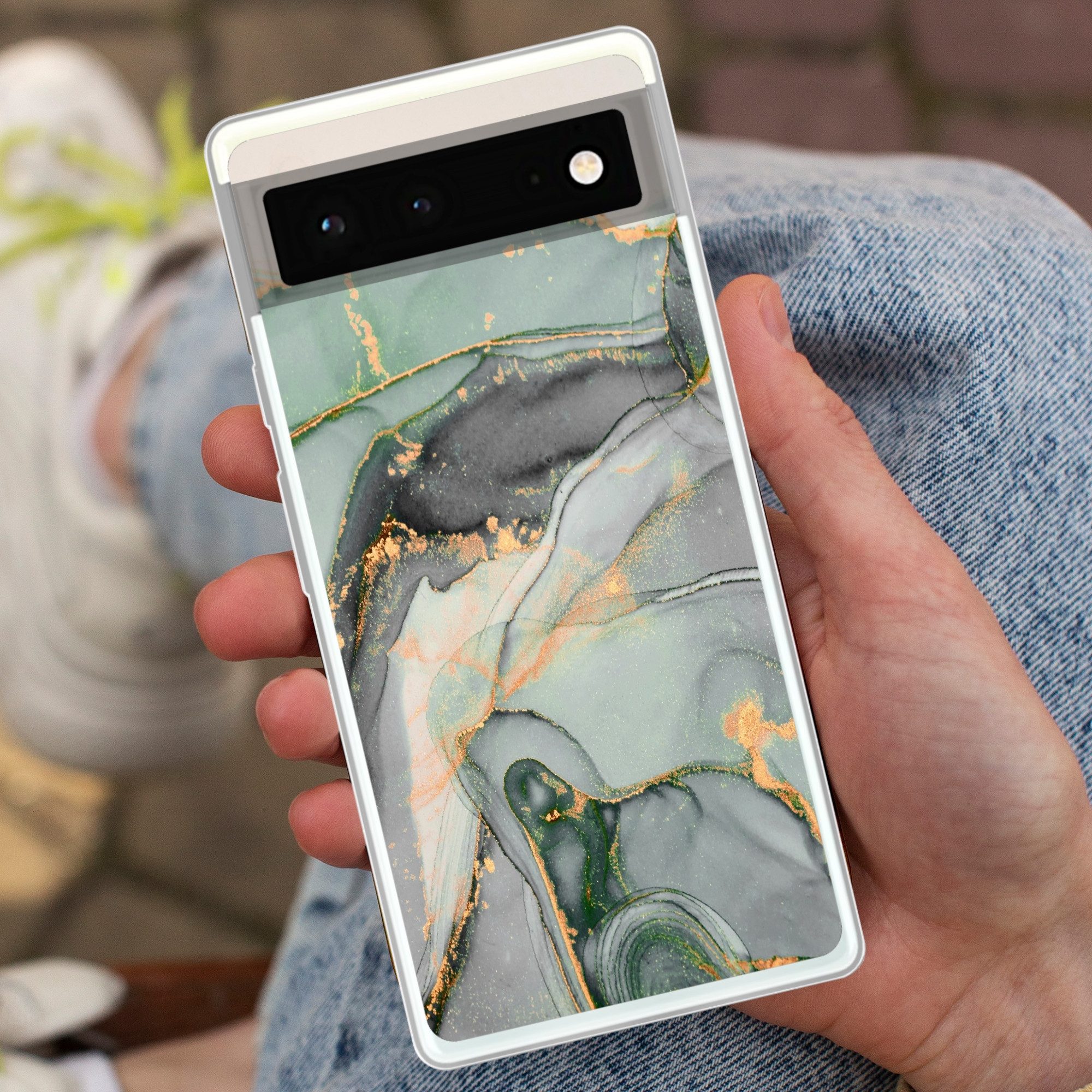 MuchoWow Handyhülle für Google Pixel 6 Gold - Marmor - Grün - Luxus - Glitzer - Marmoropti, Handy Case, Silikon, Bumper Case Dünn
