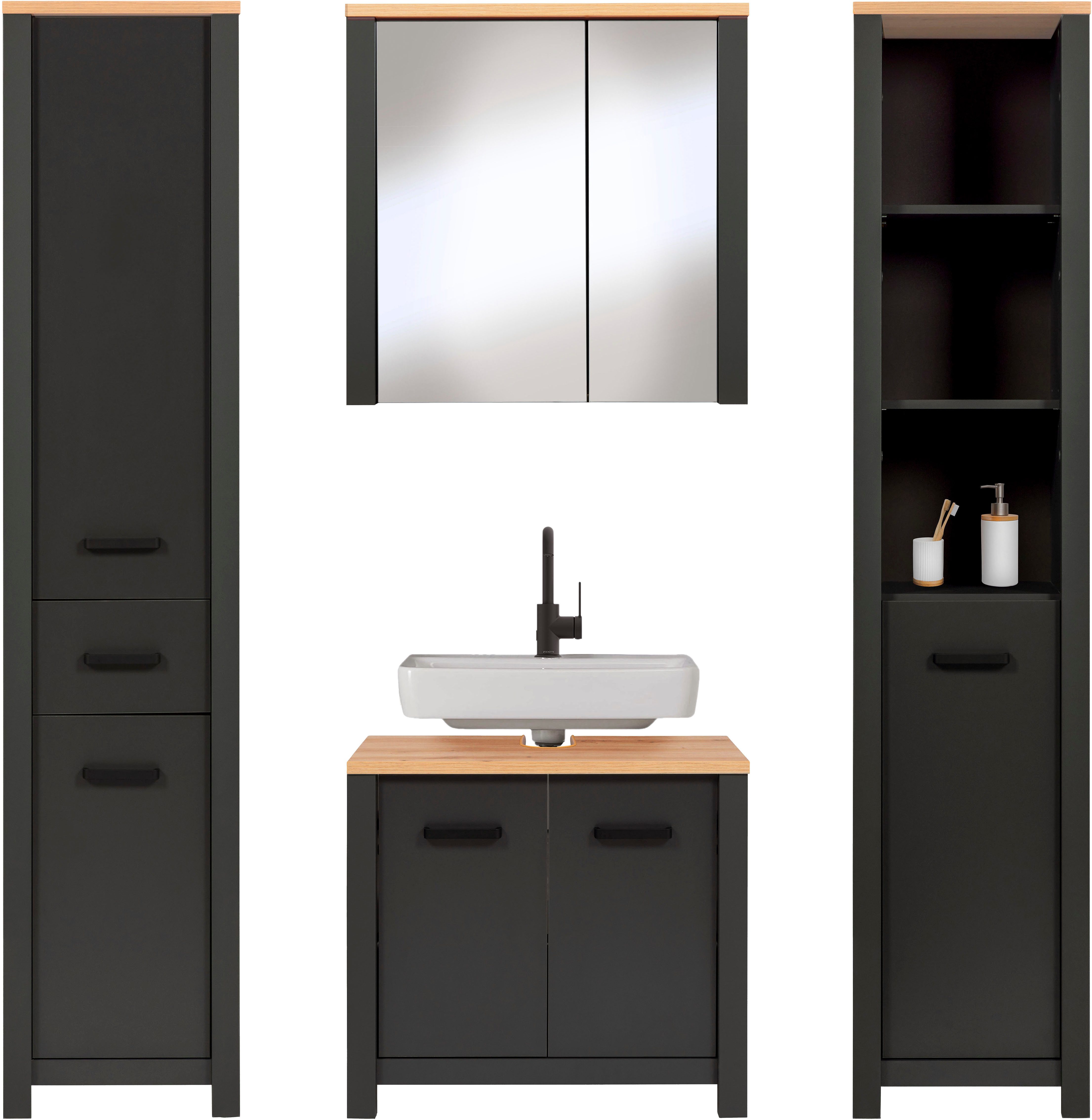 Inter Link Badmöbel-Set Pienza, 4-tlg. Badmöbel-Set mit Stauraum in Anthrazit/Eiche-Optik, (4-St), Badezimmermöbel mit Waschbeckenunterschrank, Spiegel, Hochschränke