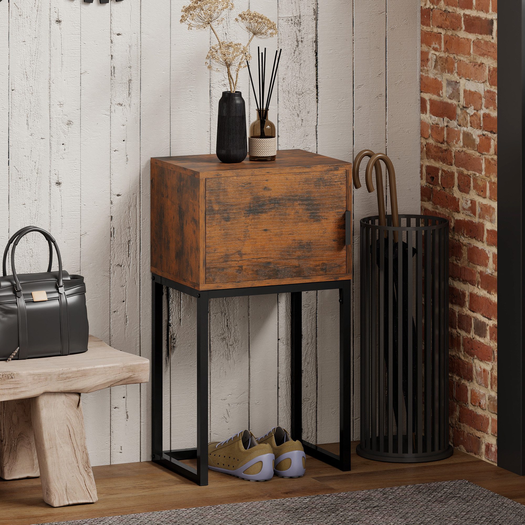 HOMCOM Konsolentisch mit Schrank, 40 x 30 x 76 cm (Beistelltisch, 1-St., Flurtisch), für Kleinen Raum, Eingang, Flur, Wohnzimmer Rustikal-Braun