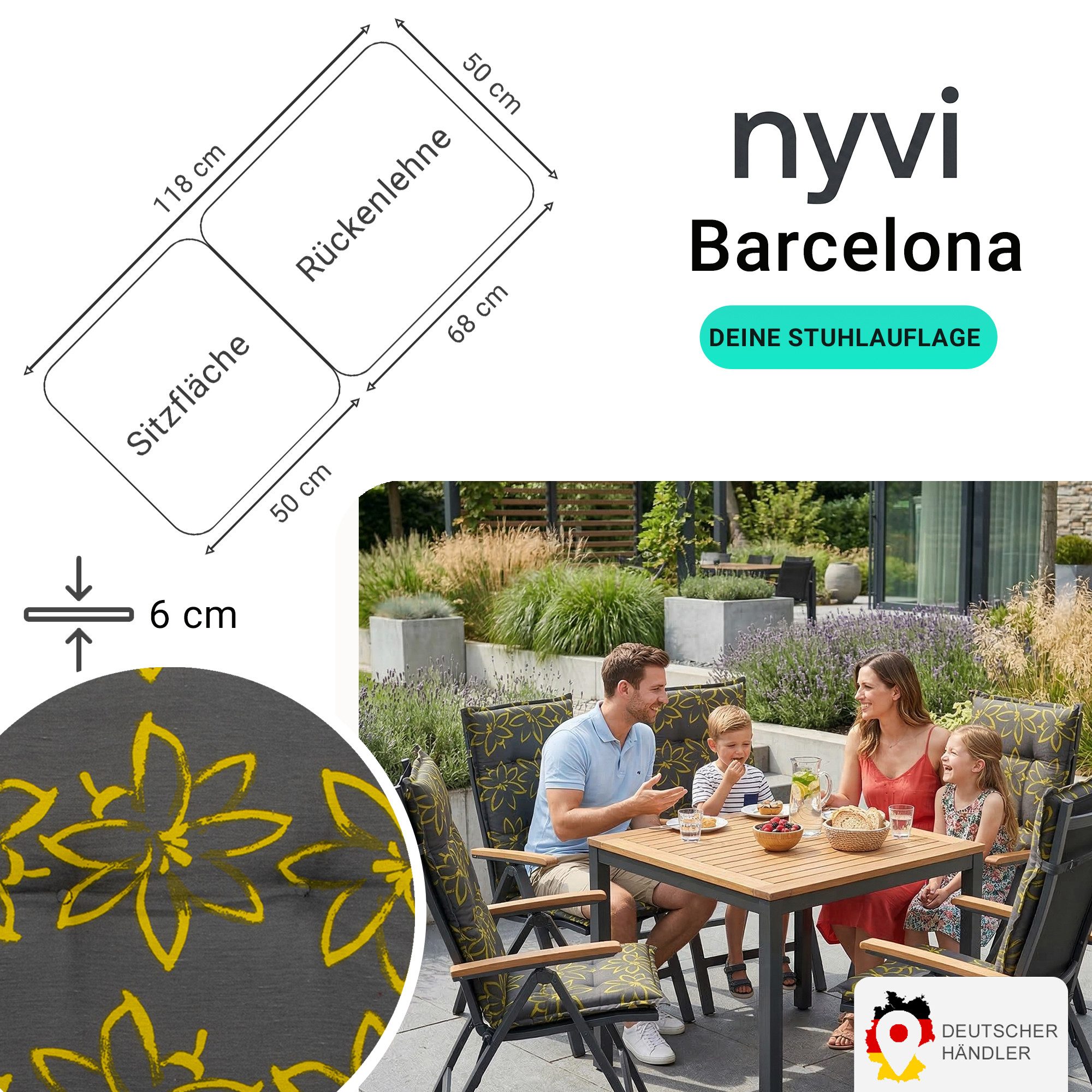 NYVI Hochlehnerauflage Hochlehner Auflagen 2er Set Barcelona - Gartenstuhlauflagen 118x50cm, (2 St), Stuhlauflage, Sitzauflage mit Halteband, UV-fest