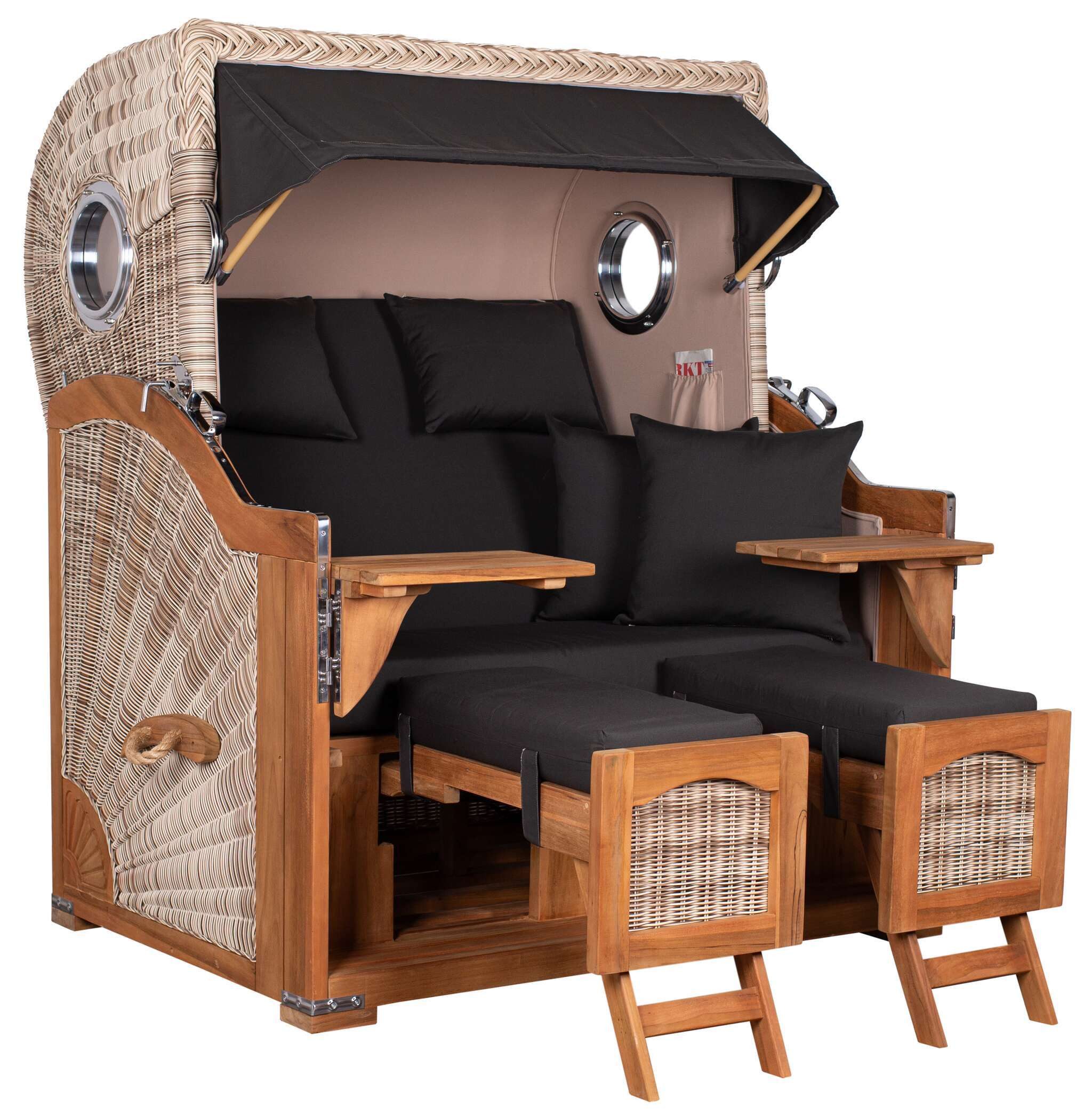 MR.DEKO Strandkorb XL Düne Grande wetterfest Teak PE Shell 2,5 Sitzer mit Bullauge, BxTxH: 142x95x170 cm, Volllieger, Düne, (Fertig montierter Strandkorb für Garten, Terrasse & Balkon), Wetterfester Volllieger mit Edelstahlbeschlägen & waschbaren Polstern
