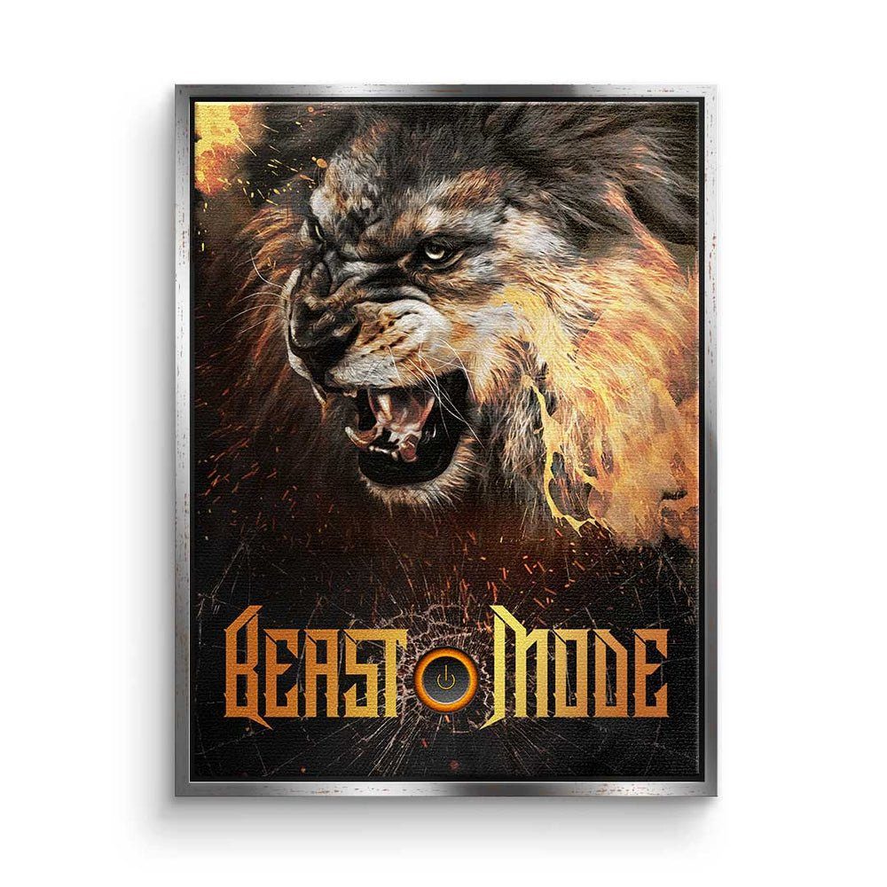 DOTCOMCANVAS® Leinwandbild Beast Mode Lion, Premium Leinwandbild - Motivation - Beast Mode Lion - Hustle - Büro silberner Rahmen | Leinwandbilder