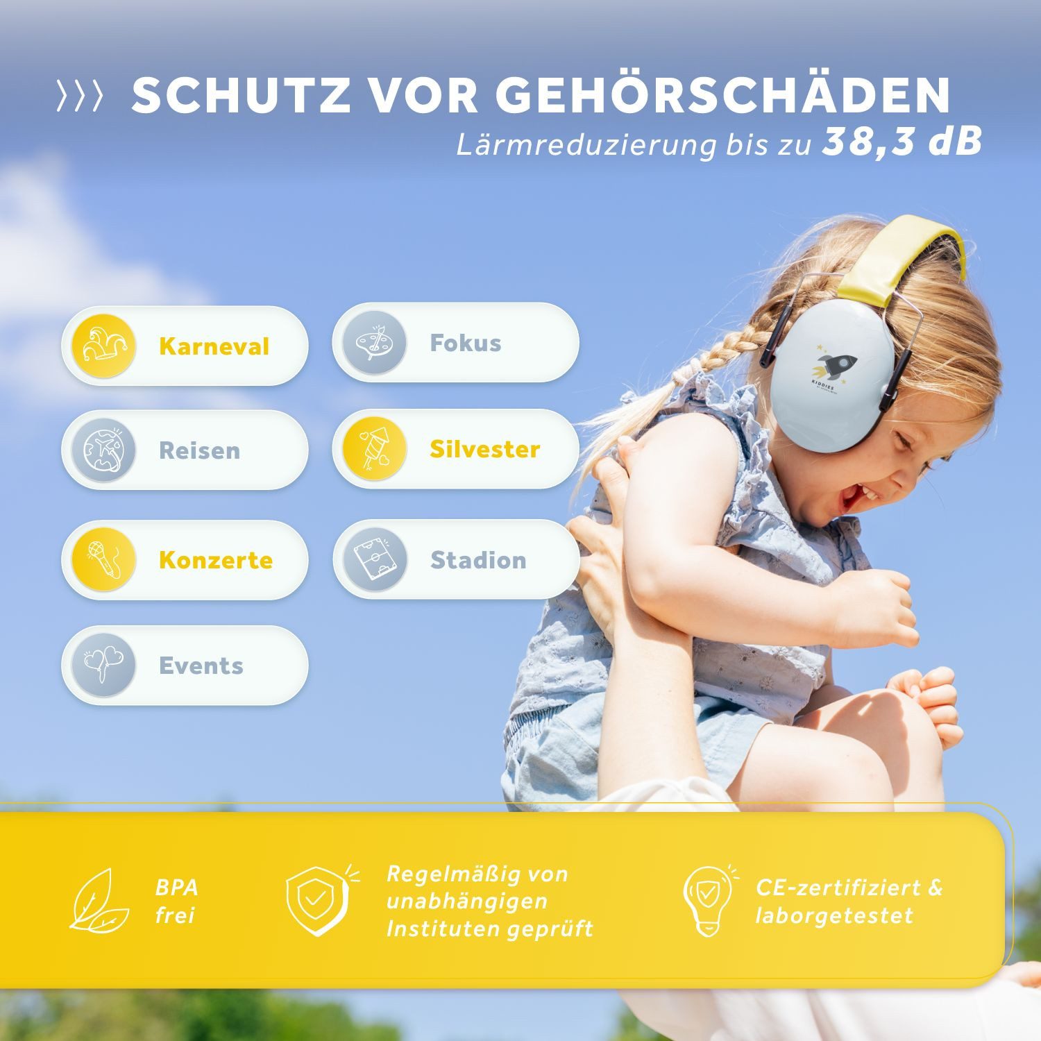 Schallwerk Kapselgehörschutz Kapselgehörschutz Gehörschutz für Kinder Kiddies größenverstellbar, (Geräuschdämmende Ohrenschützer), Schule, Lernen, Konzentration, Veranstaltungen