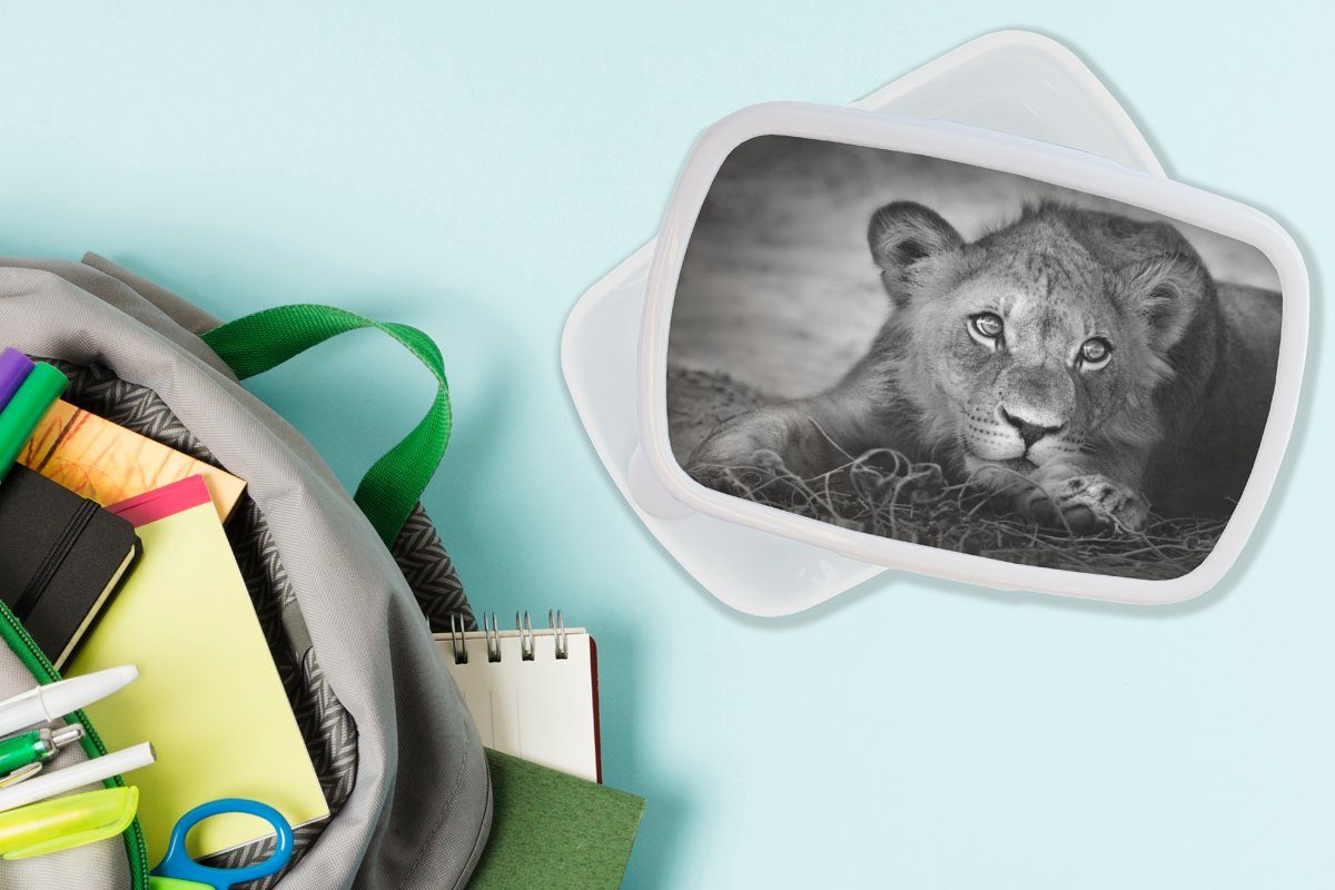 MuchoWow Lunchbox Wildtiere - - Brotbox und Brotdose, und Jungs für Kinder Weiß, - (2-tlg), Erwachsene, Löwe Kunststoff, - für Schwarz Mädchen Natur