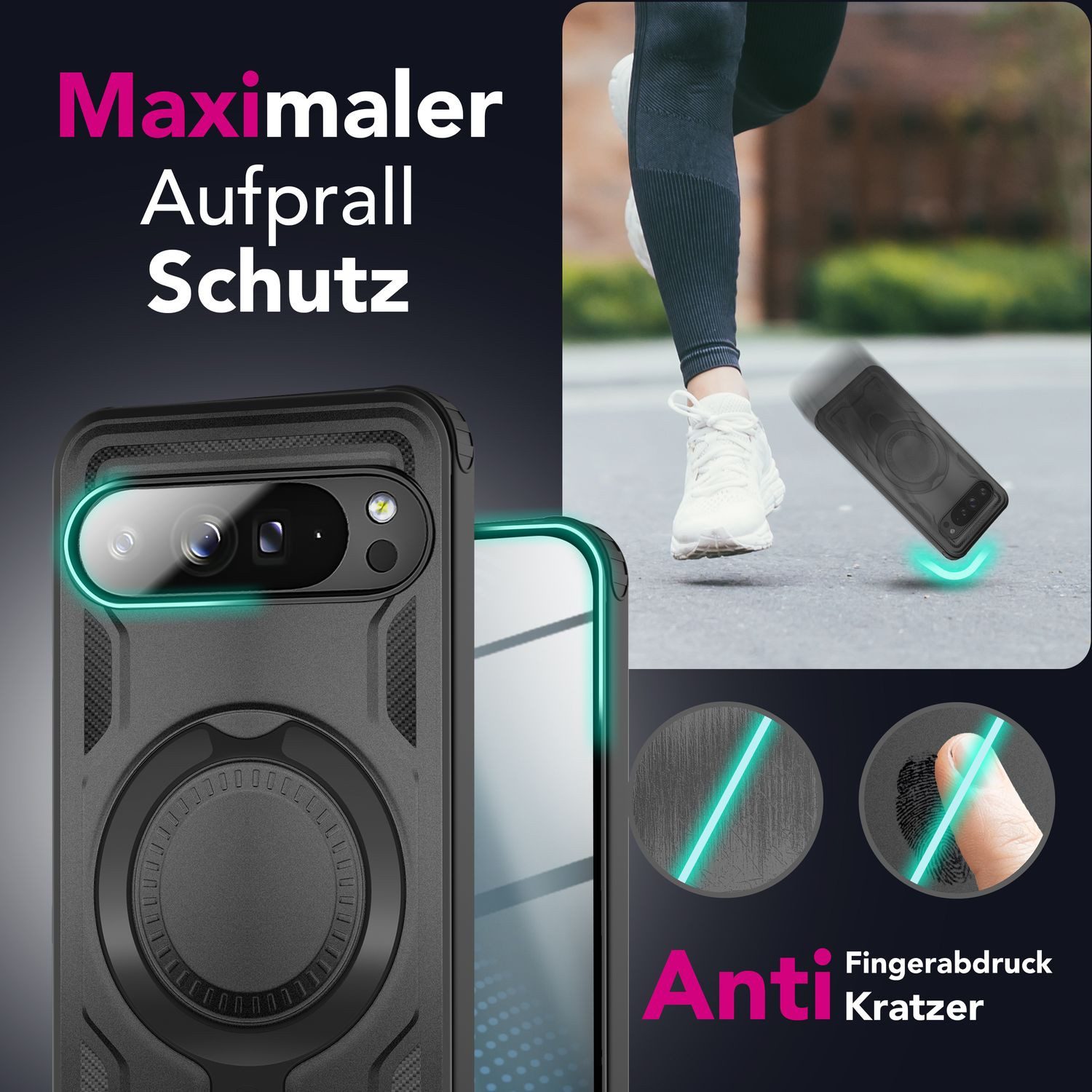 Nalia Smartphone-Hülle Google Pixel 9 Pro XL, Panzer Militärschutz / Extrem Robust / Magsafe / 360° Ring / Kickstand