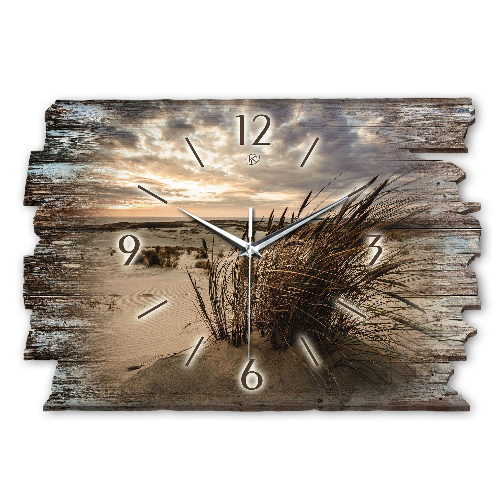 Kreative Feder Wanduhr Design-Wanduhr „Sandstrand“ aus Holz im Shabby Style Design (ohne Ticken; flüsterleises Uhrwerk; außergewöhnlich, modern)