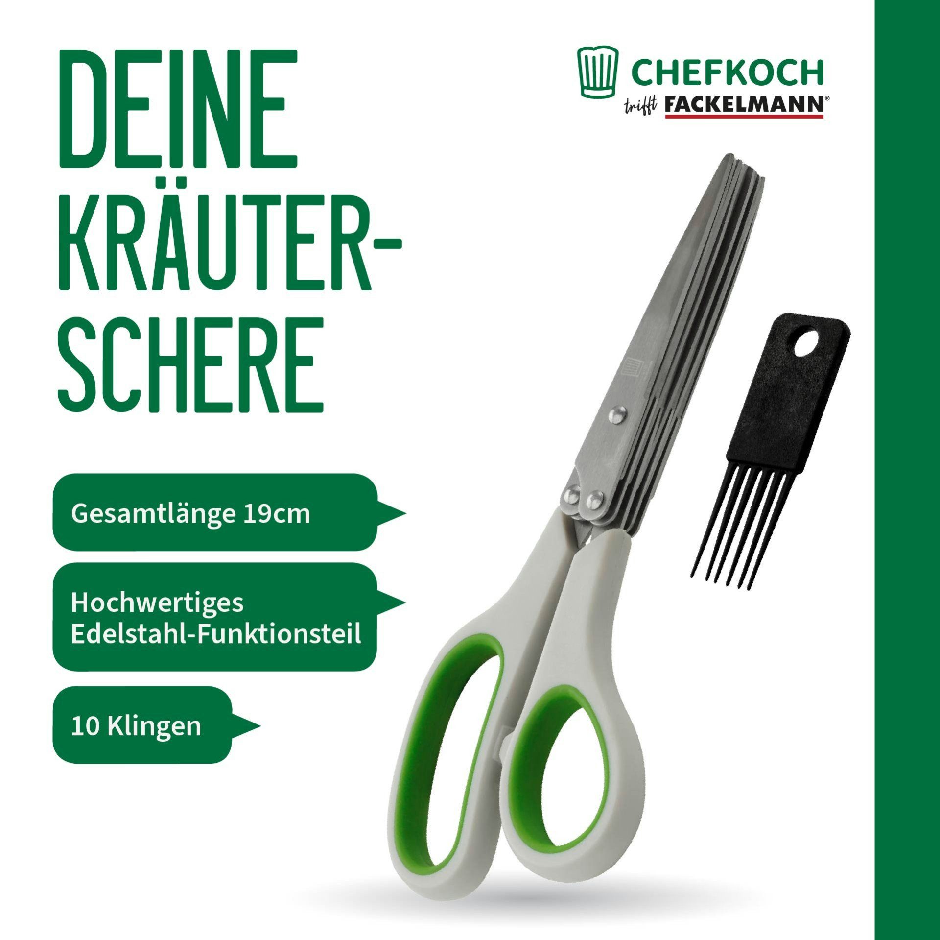 Chefkoch trifft Fackelmann Kräuterschere Kräuterschere 190mm mit 10 scharfen Edelstahlklingen – Inkl. Bürste
