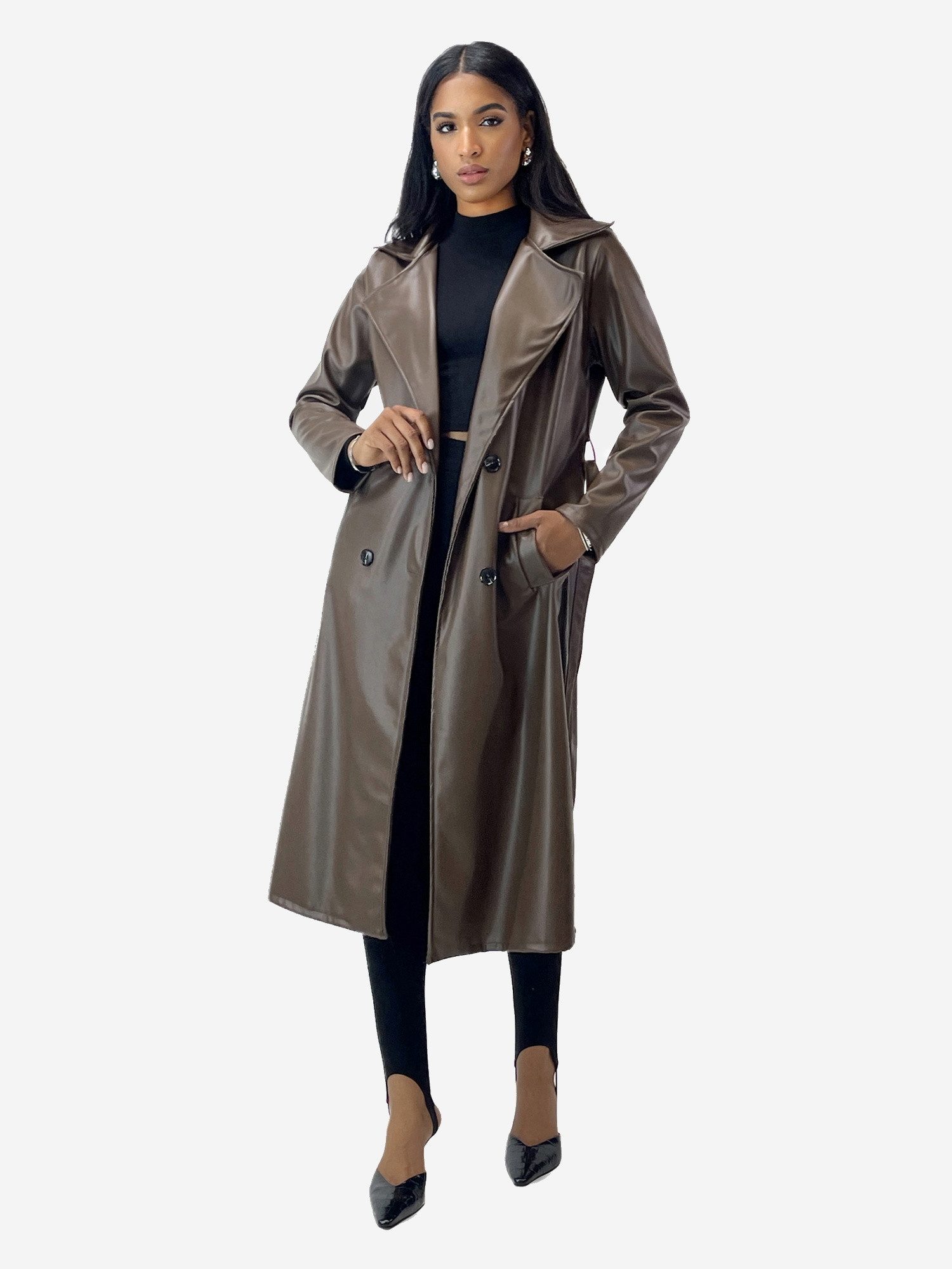 Elara Trenchcoat – Damen Mantel lang mit Bindegürtel und Reverskragen